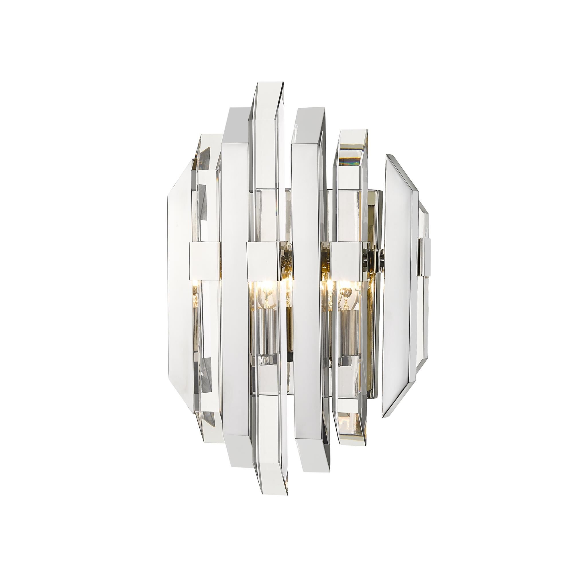 Shown in Polished Nickel finish and Crystal glass and Crystal shade