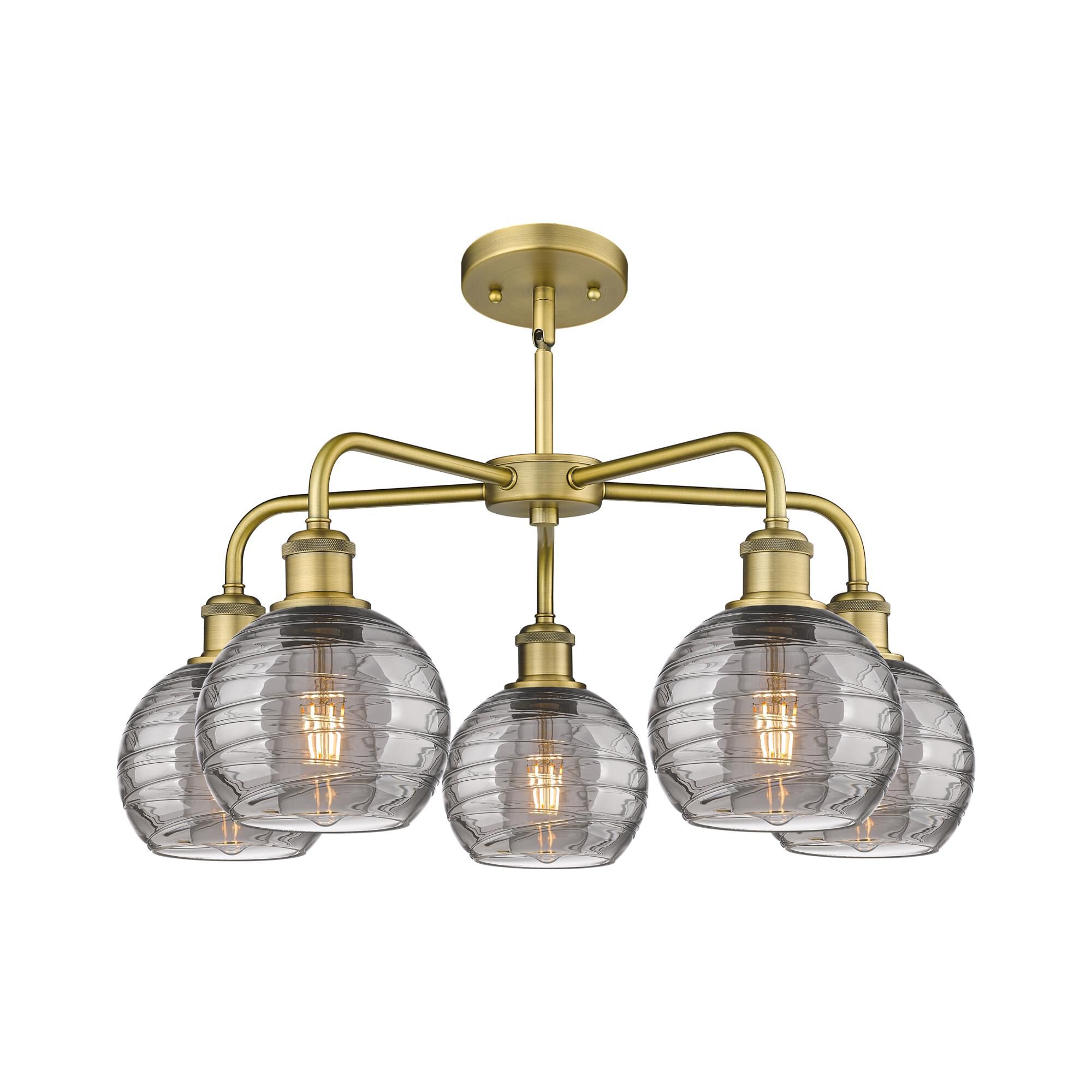 Shown in Brushed Brass finish and Light Smoke Deco Swirl glass