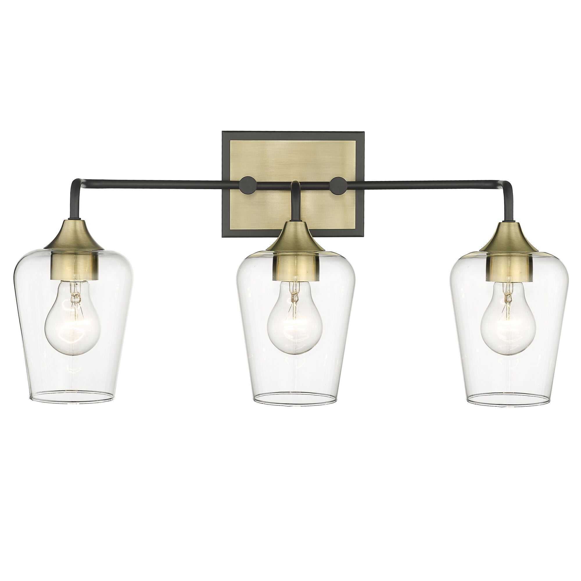 Shown in Antique Brass And Black finish and Clear Glass shade