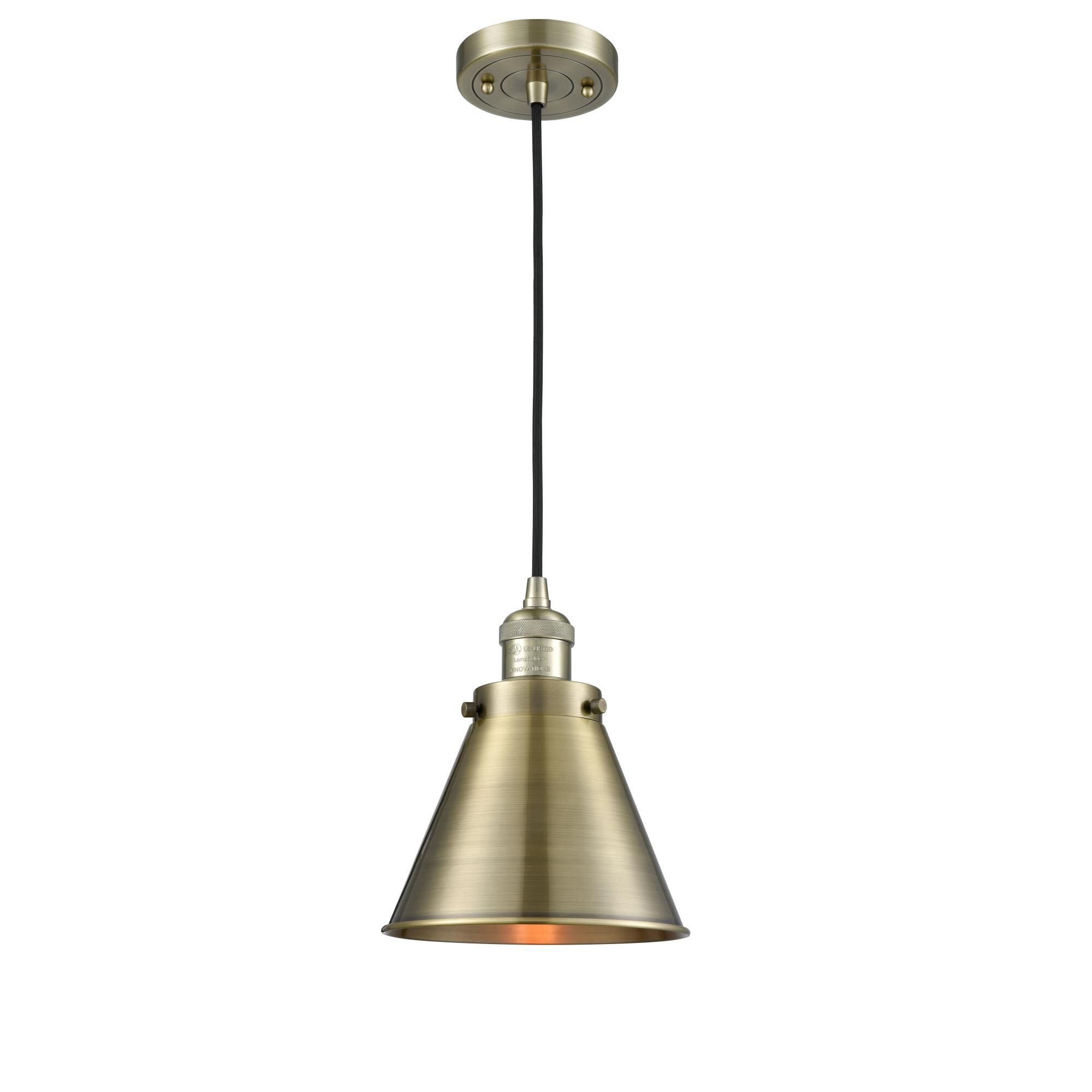 Shown in Antique Brass finish and Metal - Antique Brass - Cone shade and Black Textured Cord accent
