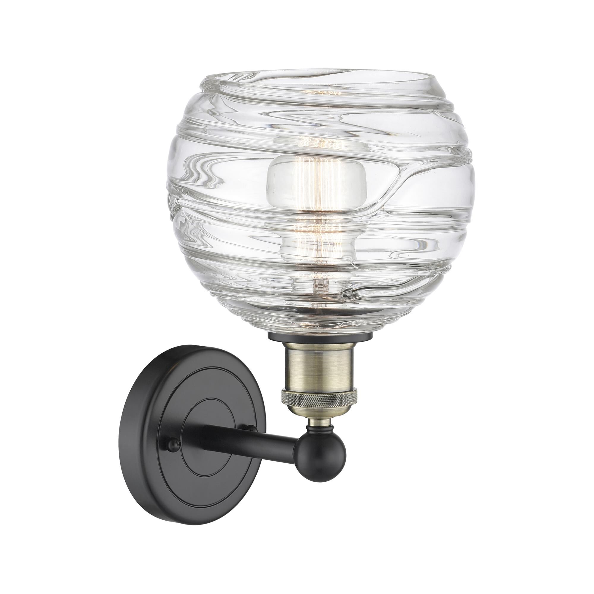 Shown in Black Antique Brass finish and Clear Deco Swirl glass