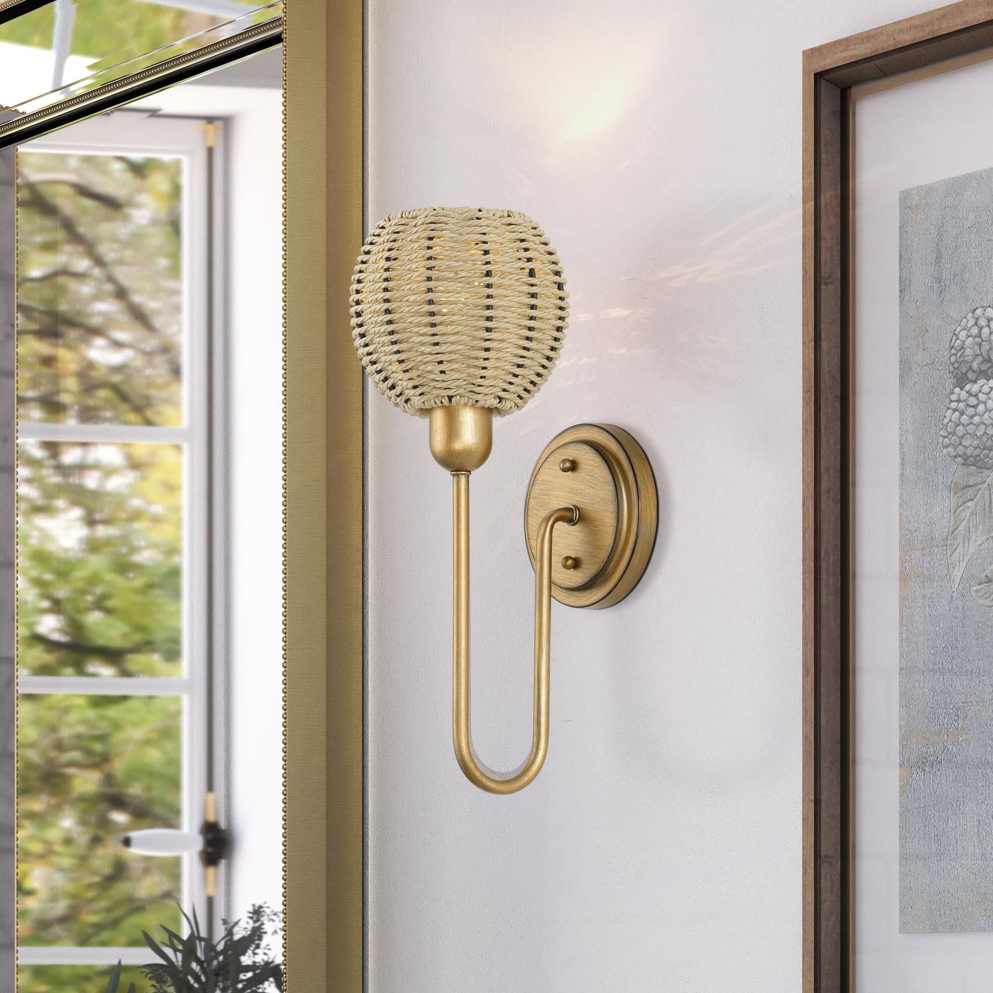 Shown in Antique Gold Leaf finish and Hand-Woven French Beige Paper Rope shade