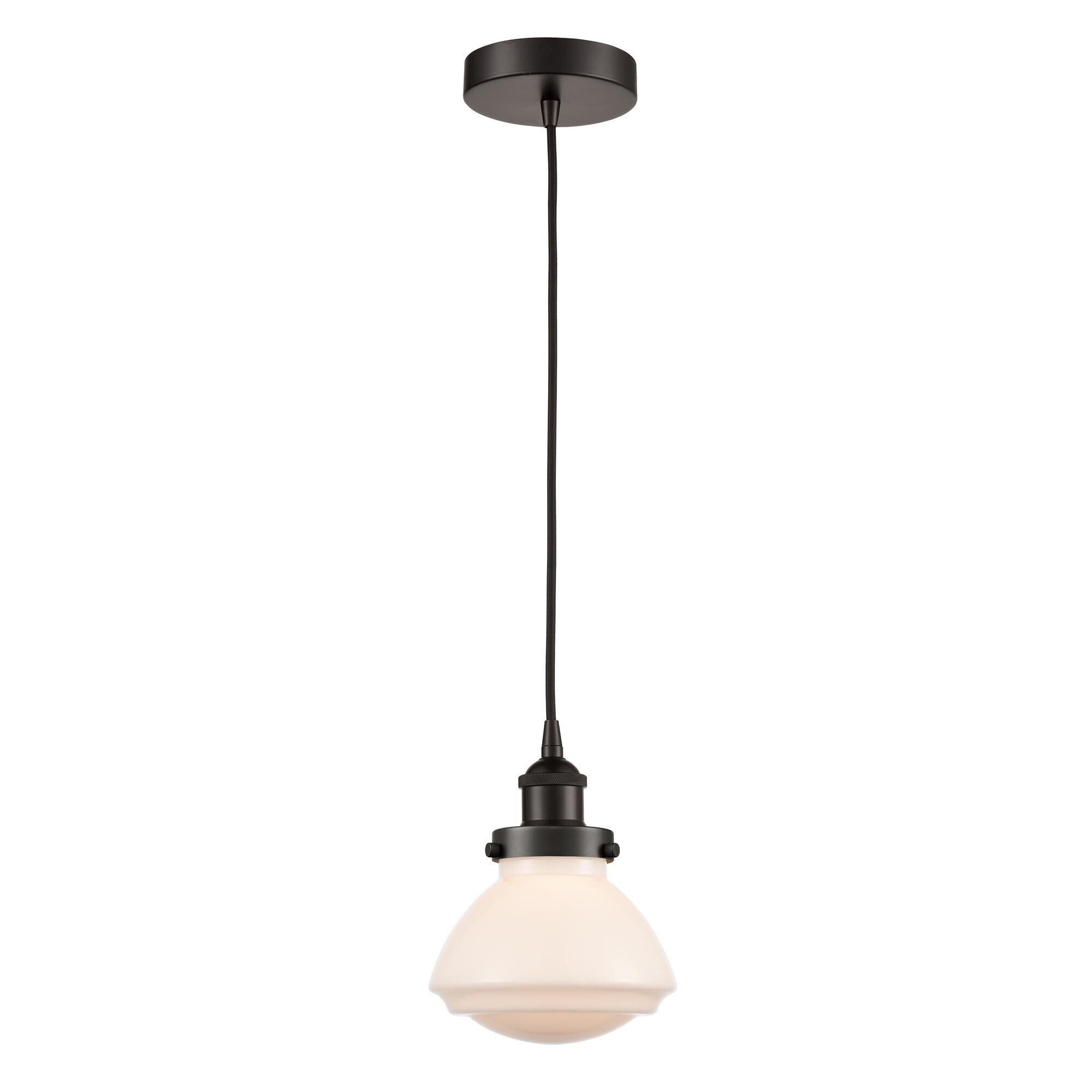 Shown in Oil Rubbed Bronze finish and Matte White Olean glass