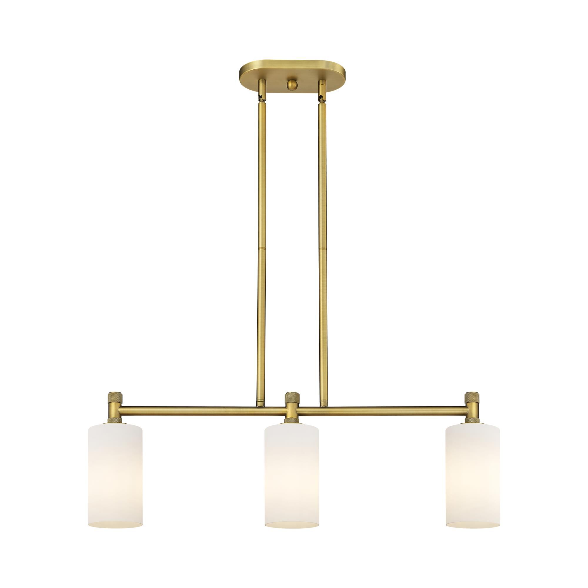 Shown in Brushed Brass finish and Matte White glass