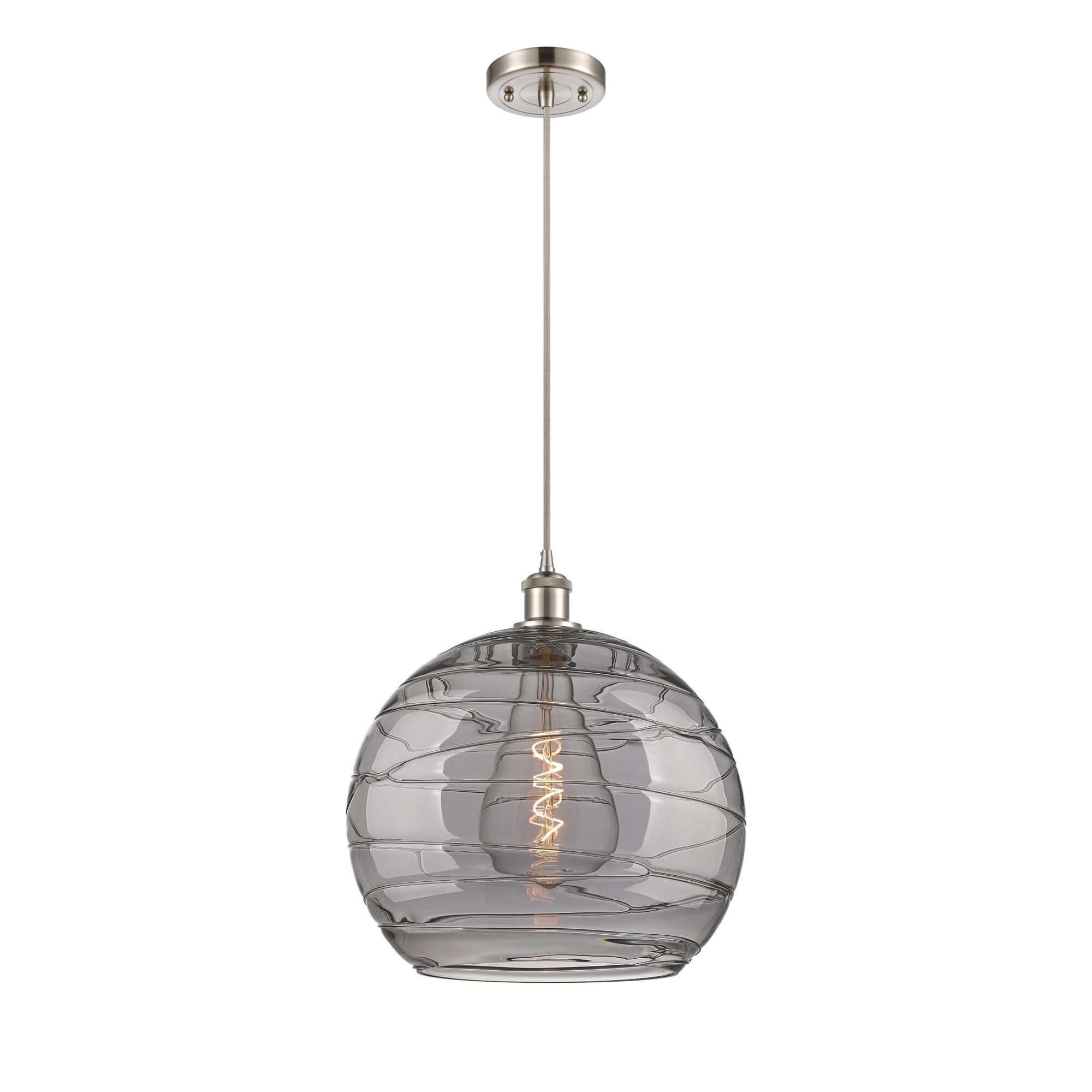 Shown in Brushed Satin Nickel finish and Light Smoke Deco Swirl glass