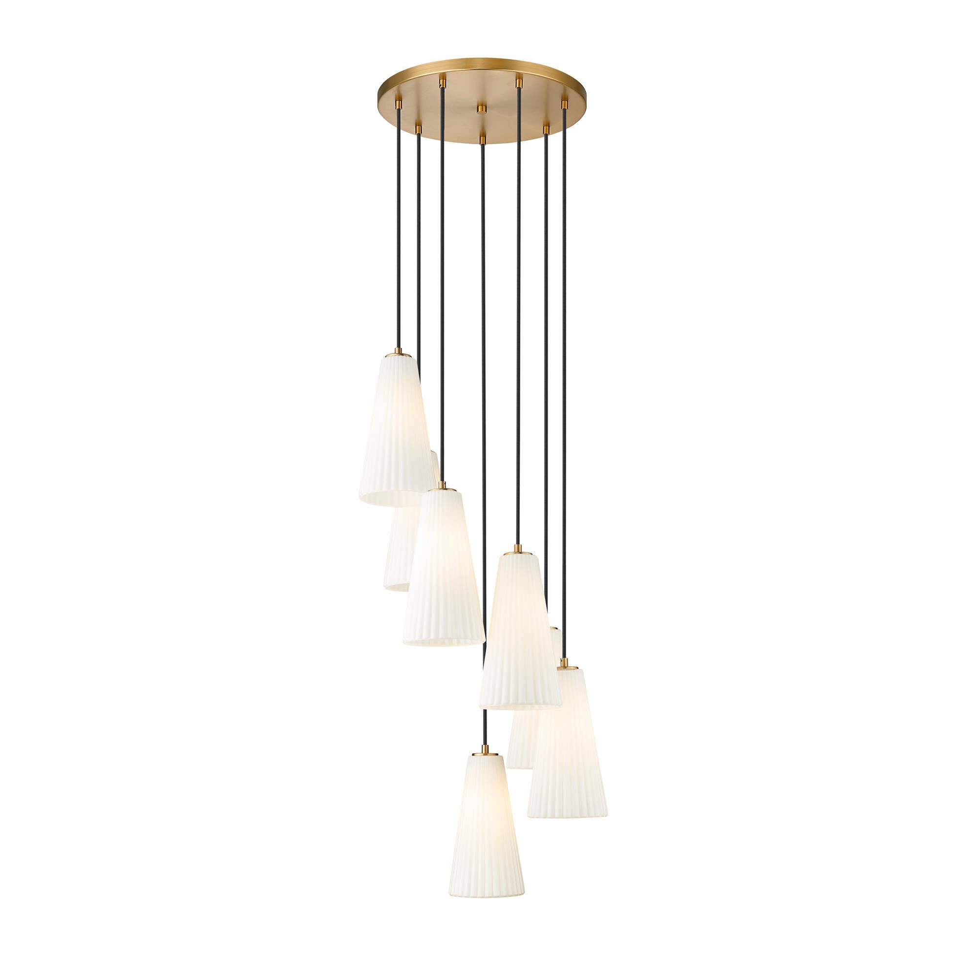 Shown in Modern Gold finish and White glass and White shade