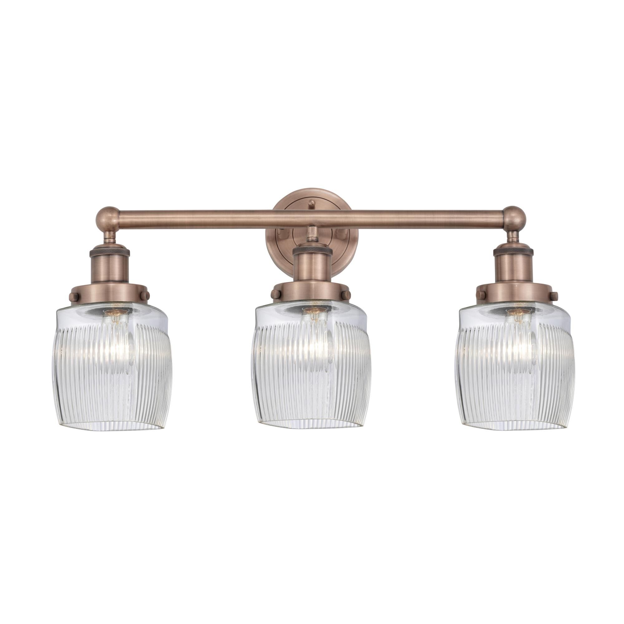 Shown in Antique Copper finish and Clear Halophane glass