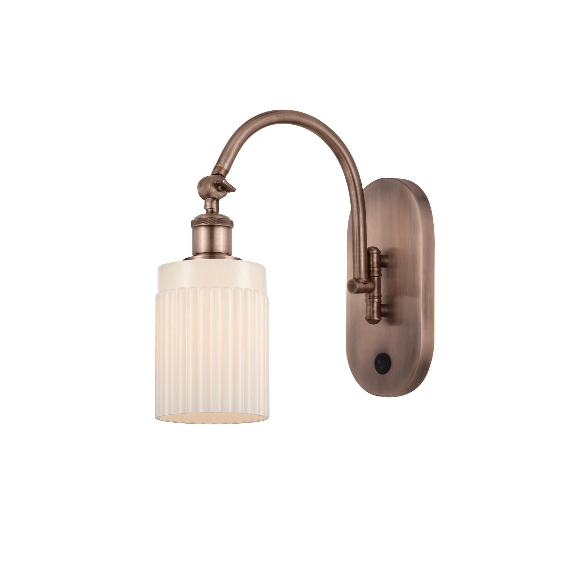 Shown in Antique Copper finish and Matte White glass