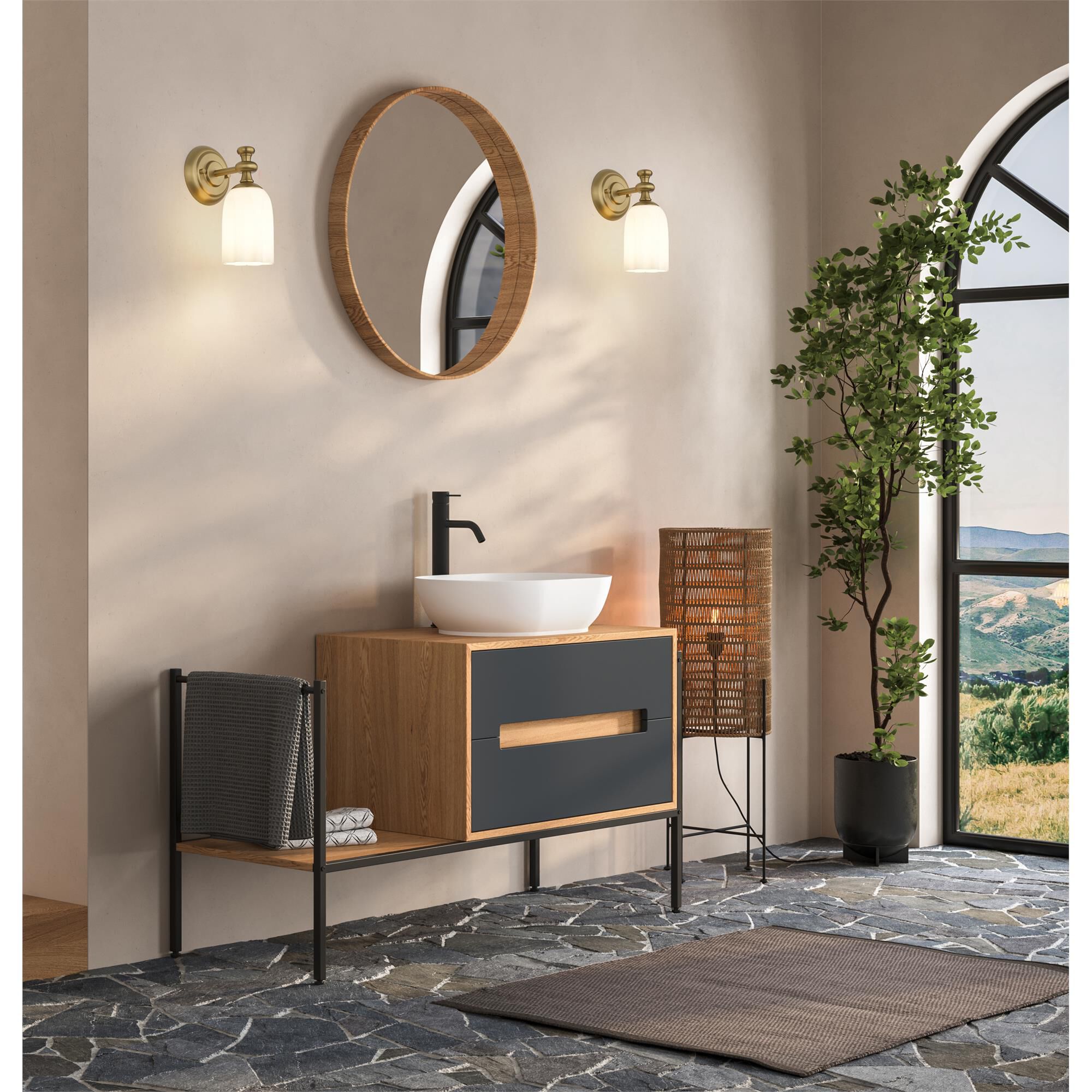 Shown in Modern Gold finish and Opal Etched glass and Opal Etched shade