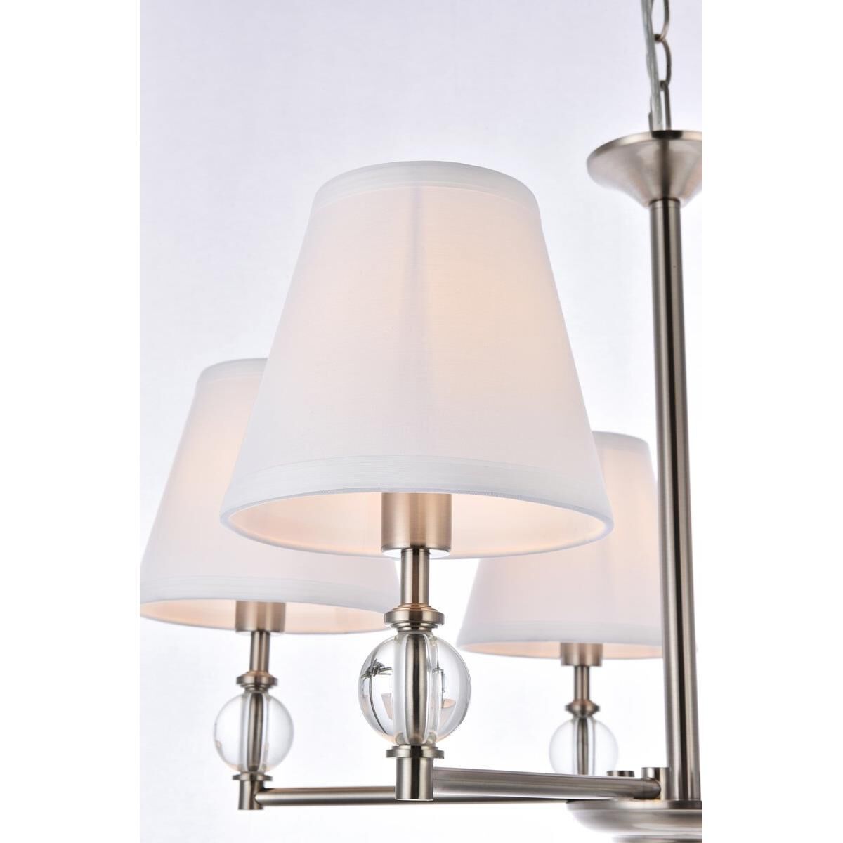 Shown in Satin Nickel finish and Royal Cut Clear crystal and White Fabric shade