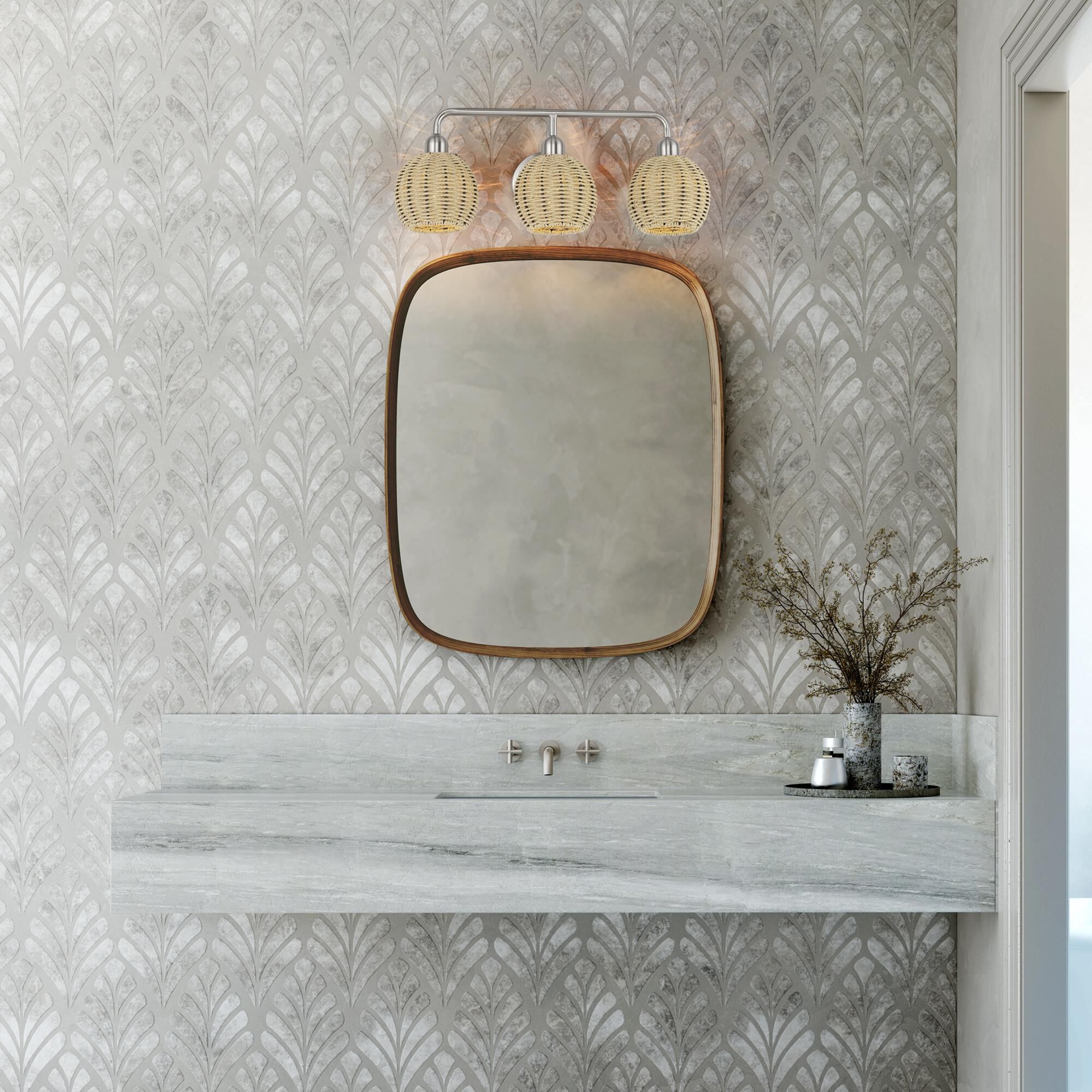 Shown in Brushed Nickel finish and Hand-Woven French Beige Paper Rope shade