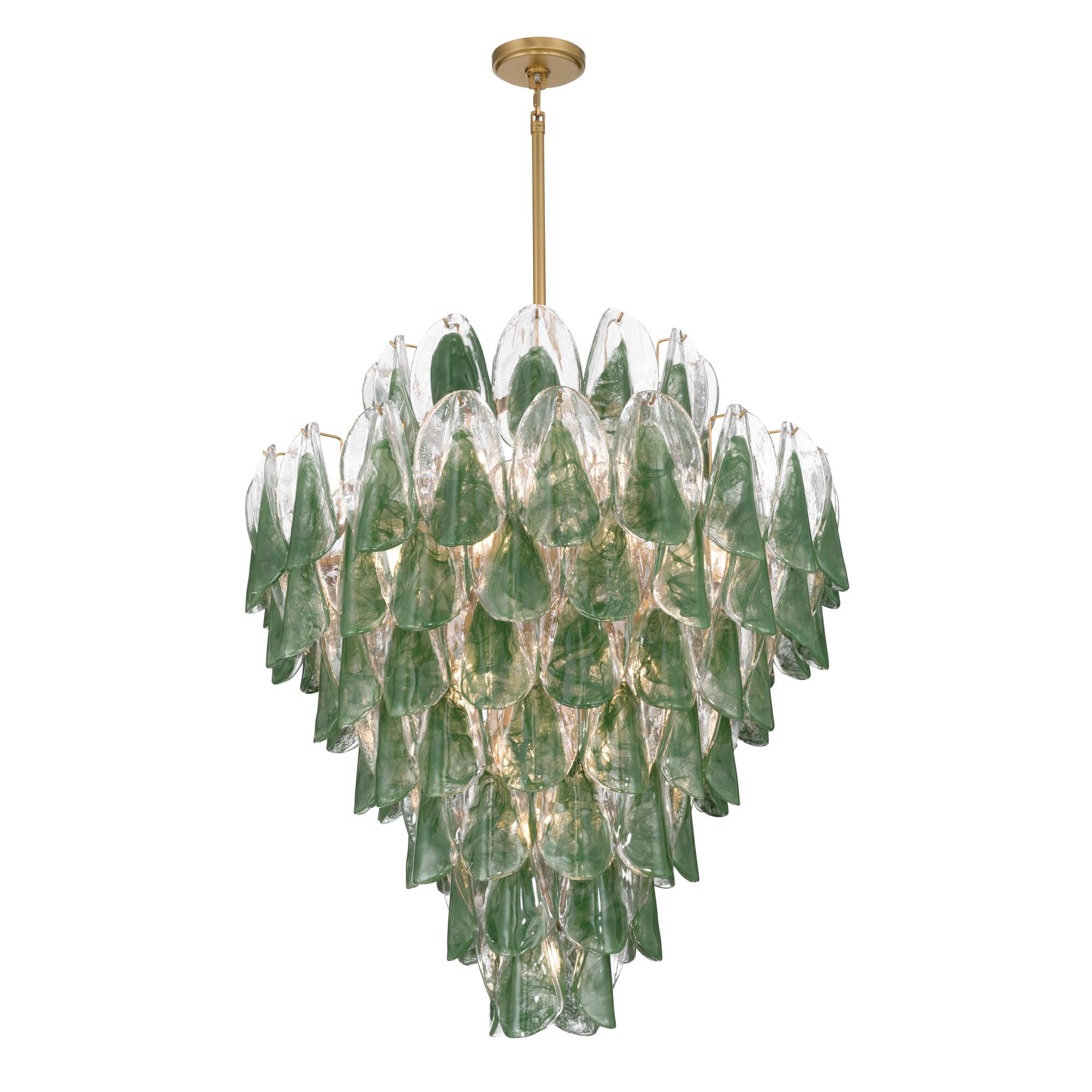 Shown in Legacy Brass finish and Green and Clear Hand-Formed glass