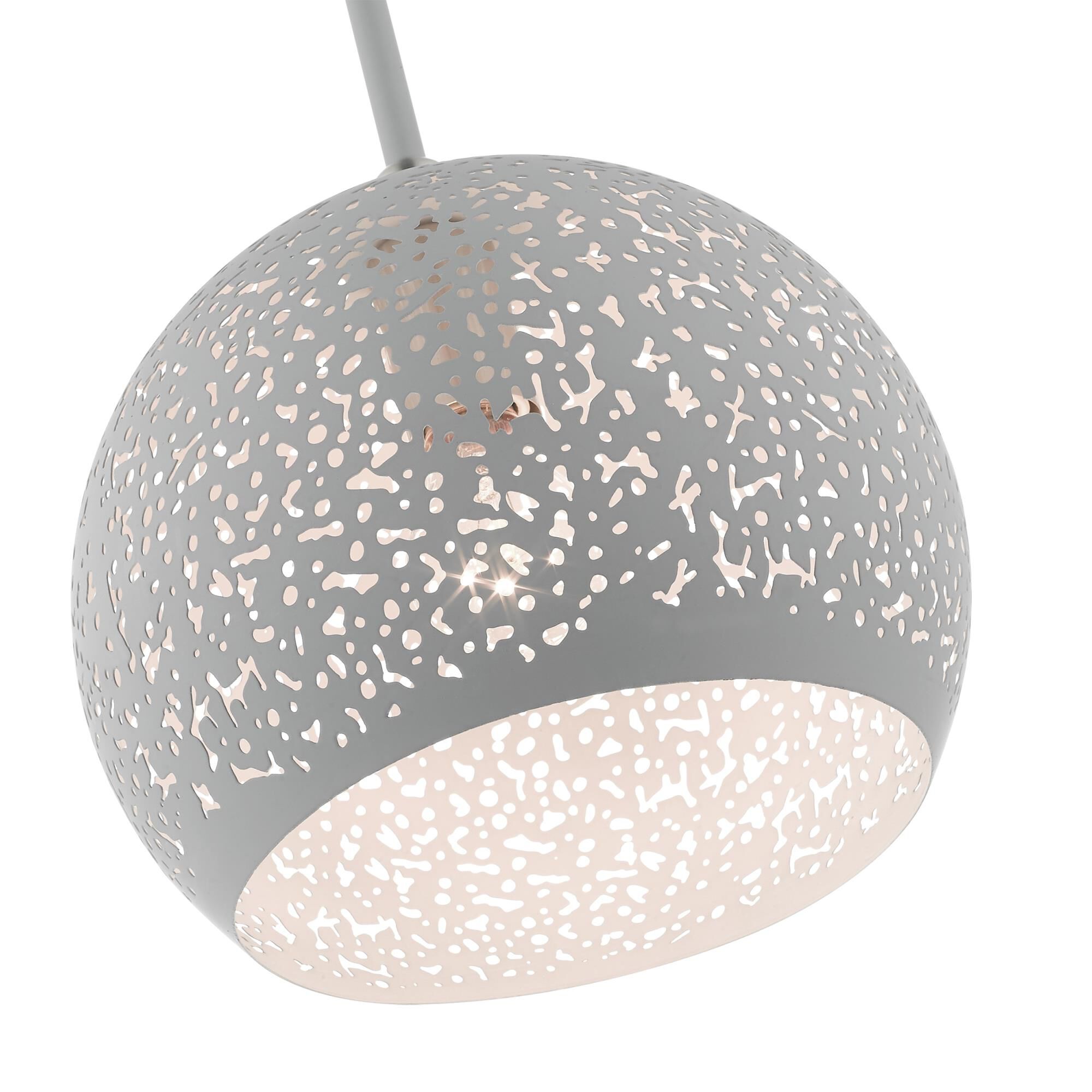 Shown in Nordic Gray With Brushed Nickel Accents finish and Nordic Gray Filigreed Metal Shade With White Finish Inside glass and Nordic Gray Filigreed Metal  With White Finish Inside shade