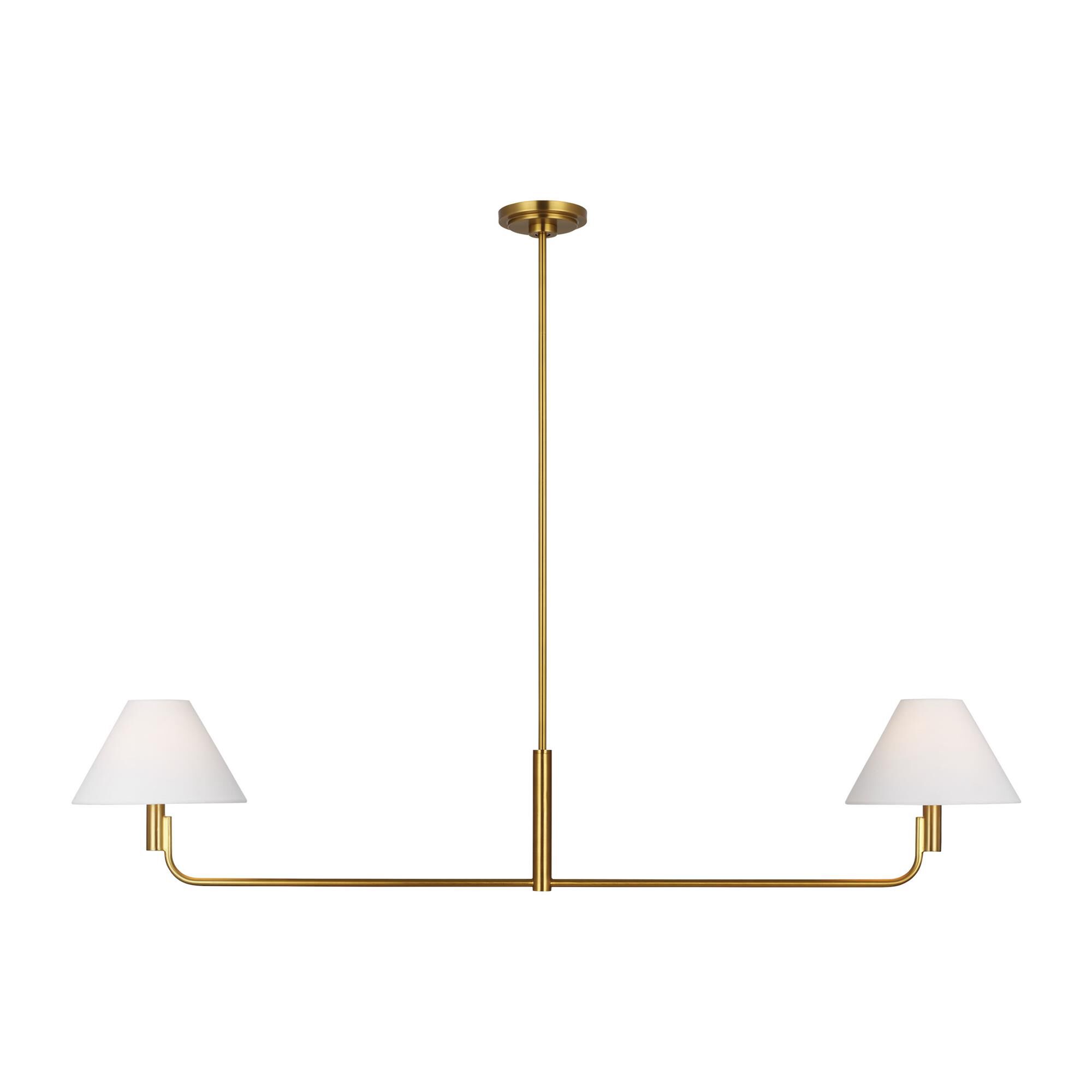 Shown in Burnished Brass finish and White Linen shade