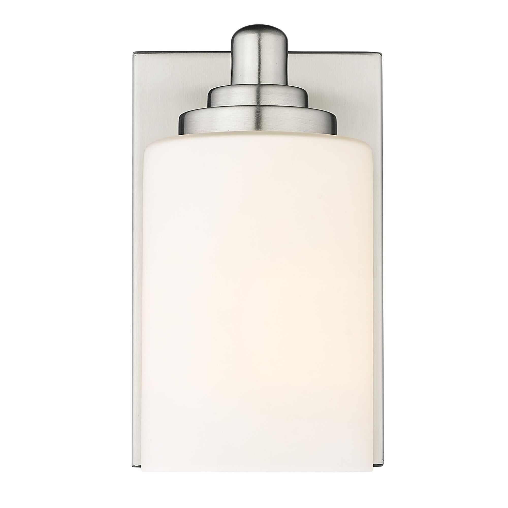 Shown in Brushed Nickel finish and White glass