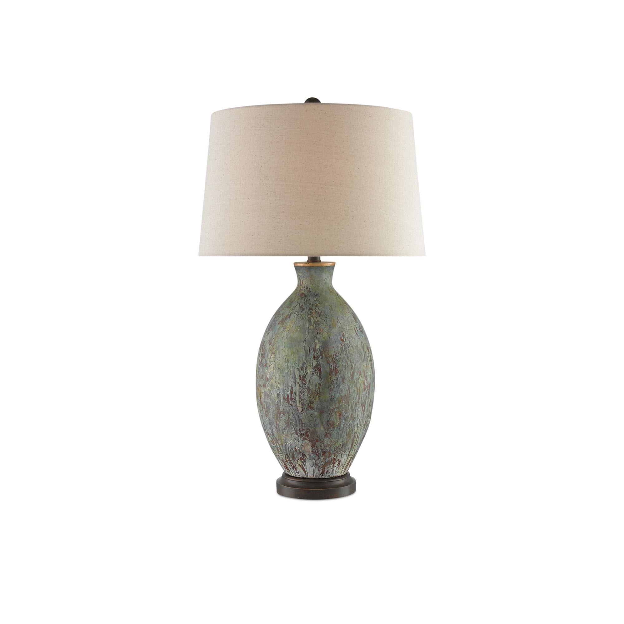 Shown in Green Dark Red Drip Glaze-Bronze Gold finish and Flax Linen shade