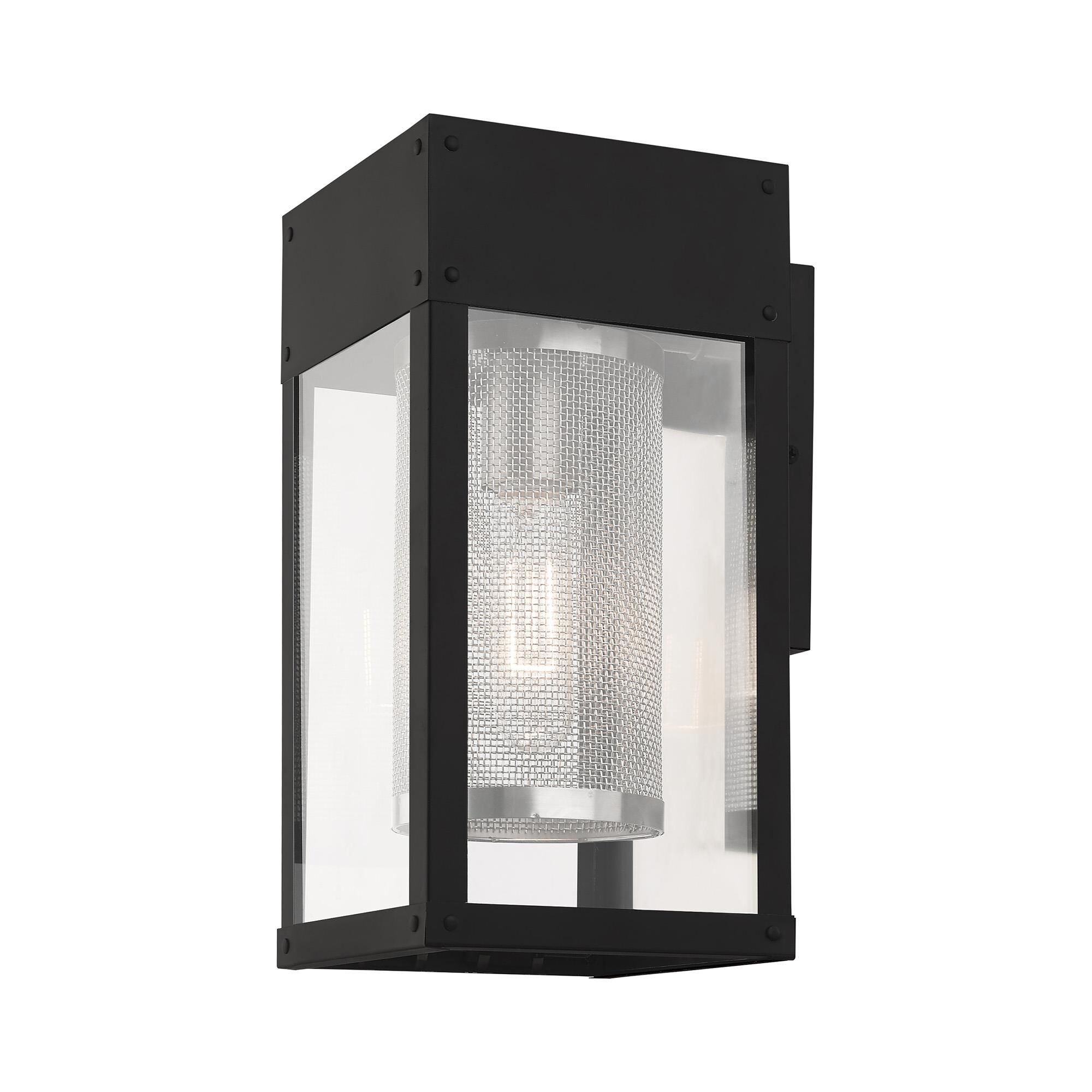 Shown in Black finish and Clear Outside and Stainless Steel Mesh Cylinder Inside glass