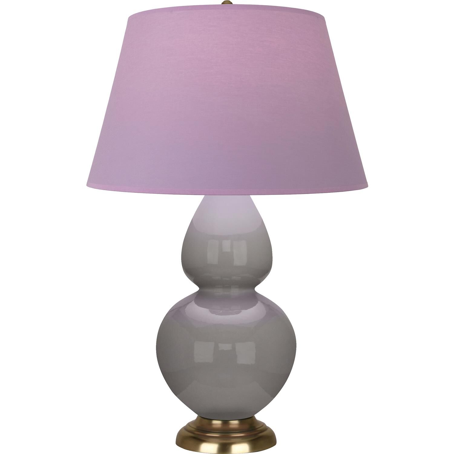 Shown in Smokey Taupe finish and Lavender and Plum shade and Antique Natural Brass accent