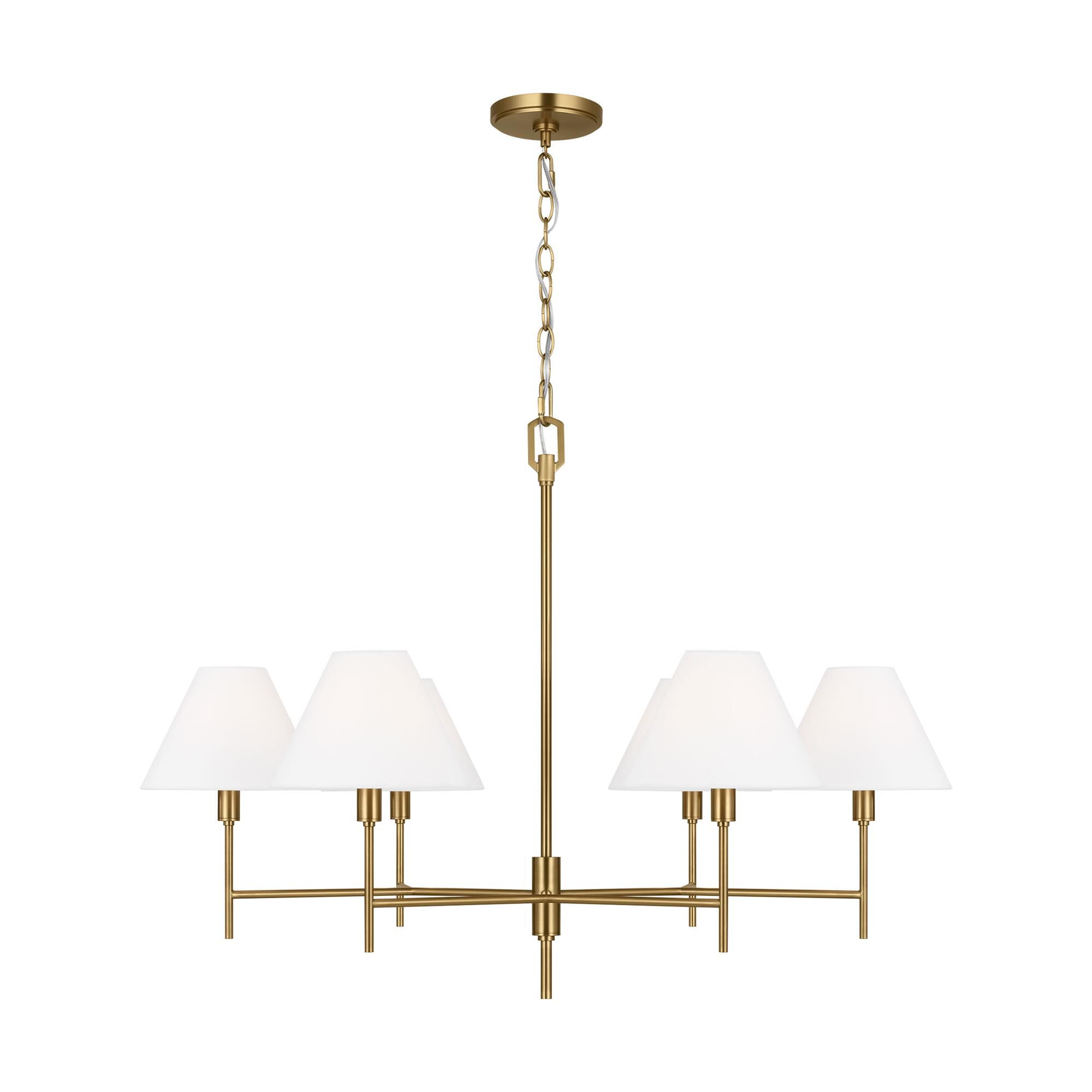 Shown in Burnished Brass finish and White Linen shade