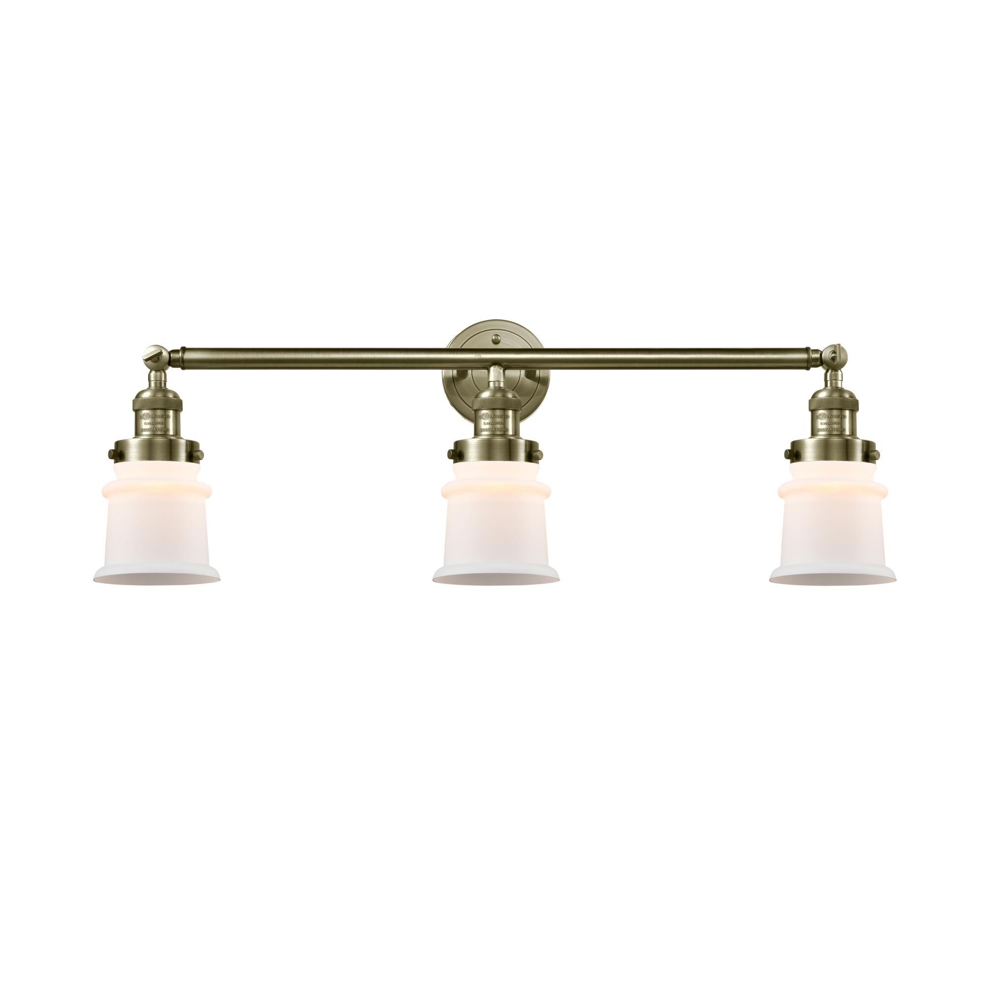 Shown in Antique Brass finish and Matte White Canton glass