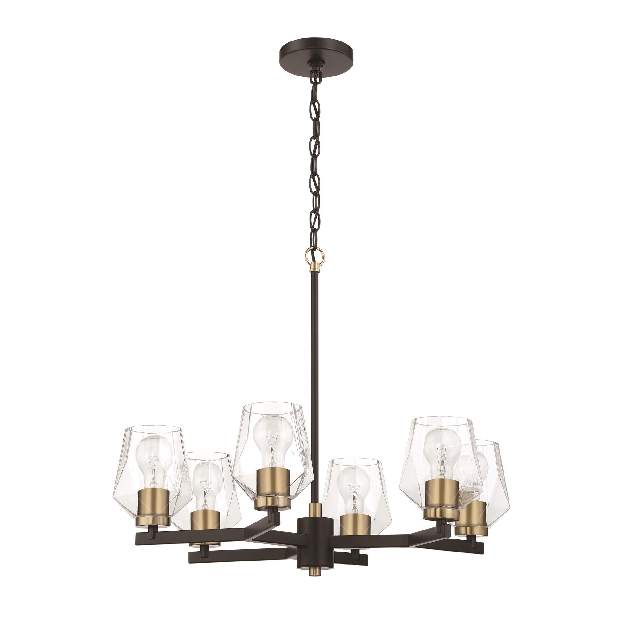 Shown in Flat Black/Satin Brass finish and Clear glass