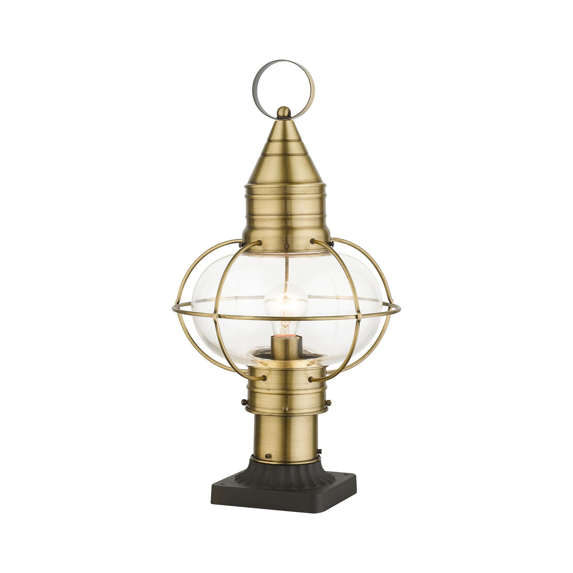 Shown in Antique Brass finish and Hand Blown Clear glass