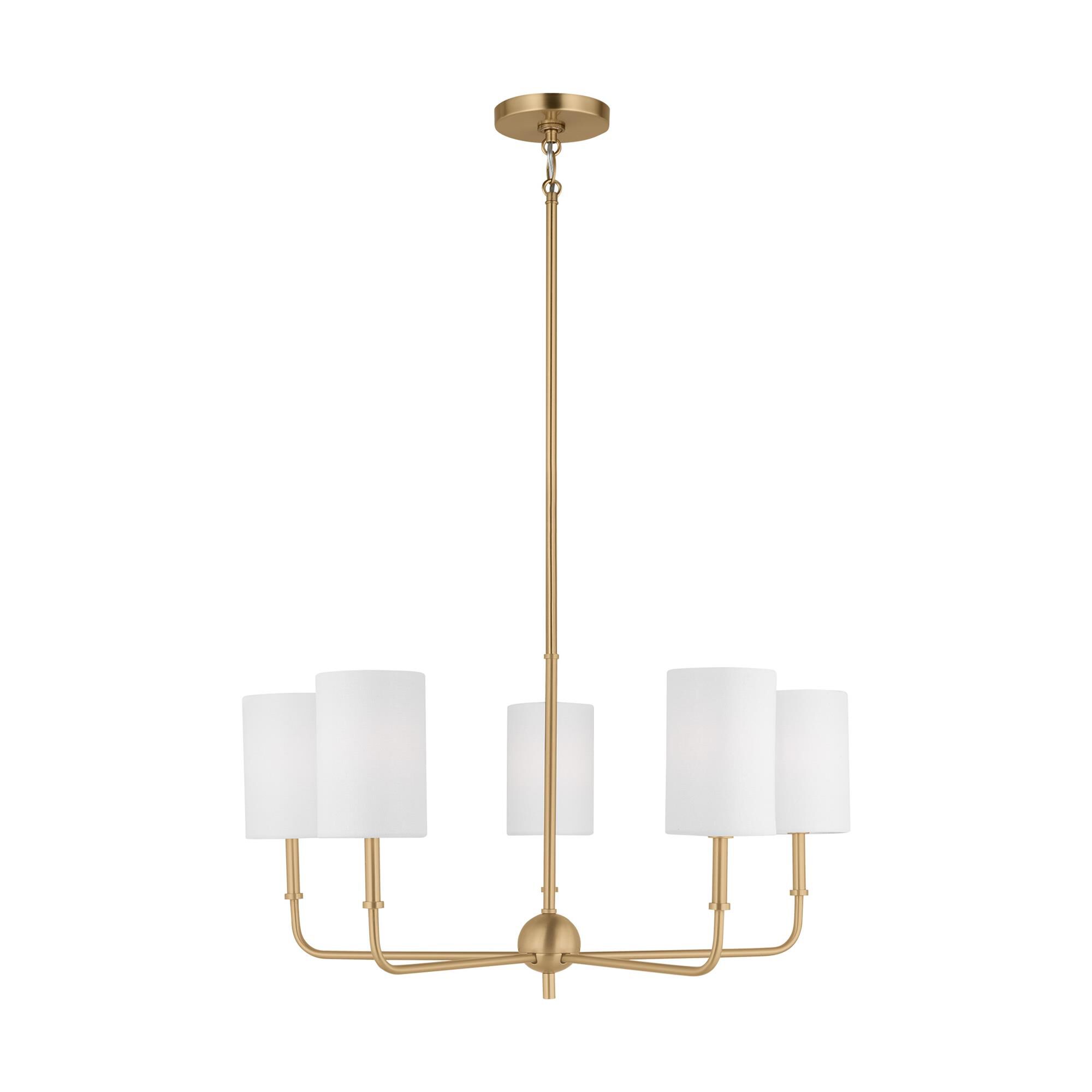 Shown in Satin Brass finish and White Linen glass and White Linen Fabric s shade