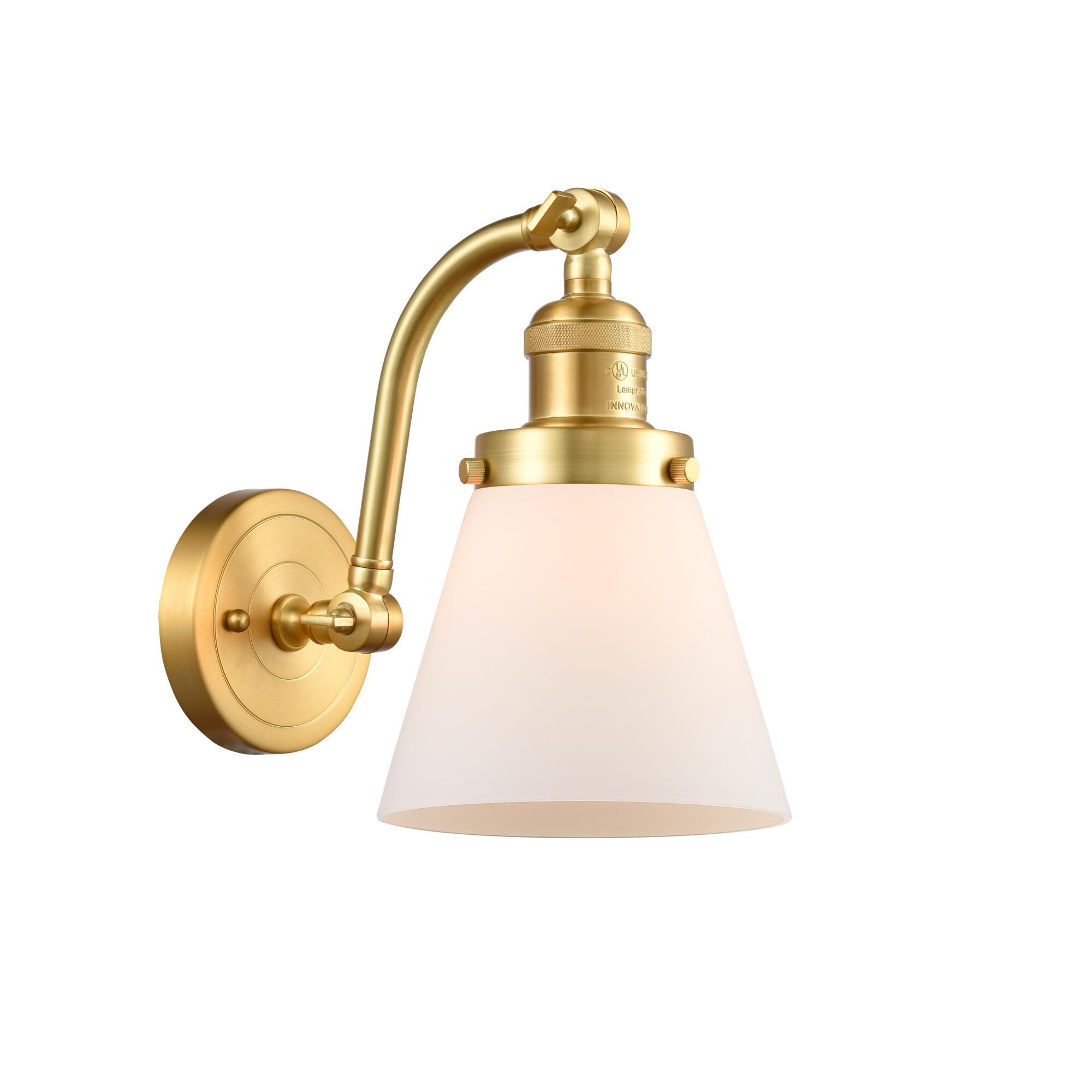 Shown in Satin Gold finish and Matte White Cased Small Cone glass