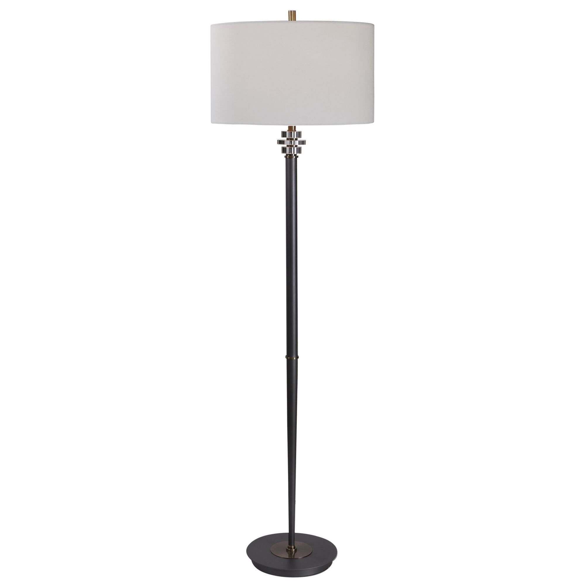 Shown in Transitional In Design, This Floor Lamp Features A Sleek Steel Base Finished In A Dark Bronze, Accen finish and Round Hardback  With Linning Background shade