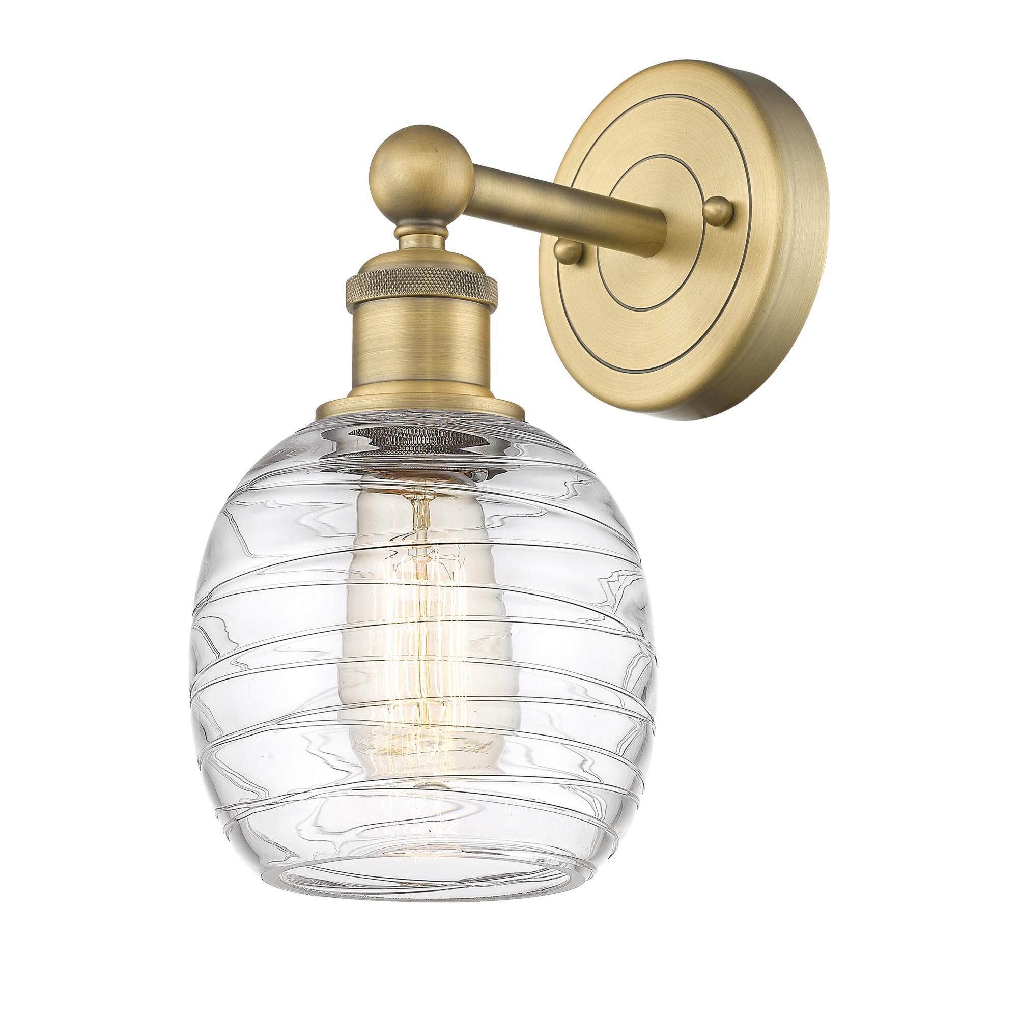 Shown in Brushed Brass finish and Deco Swirl glass