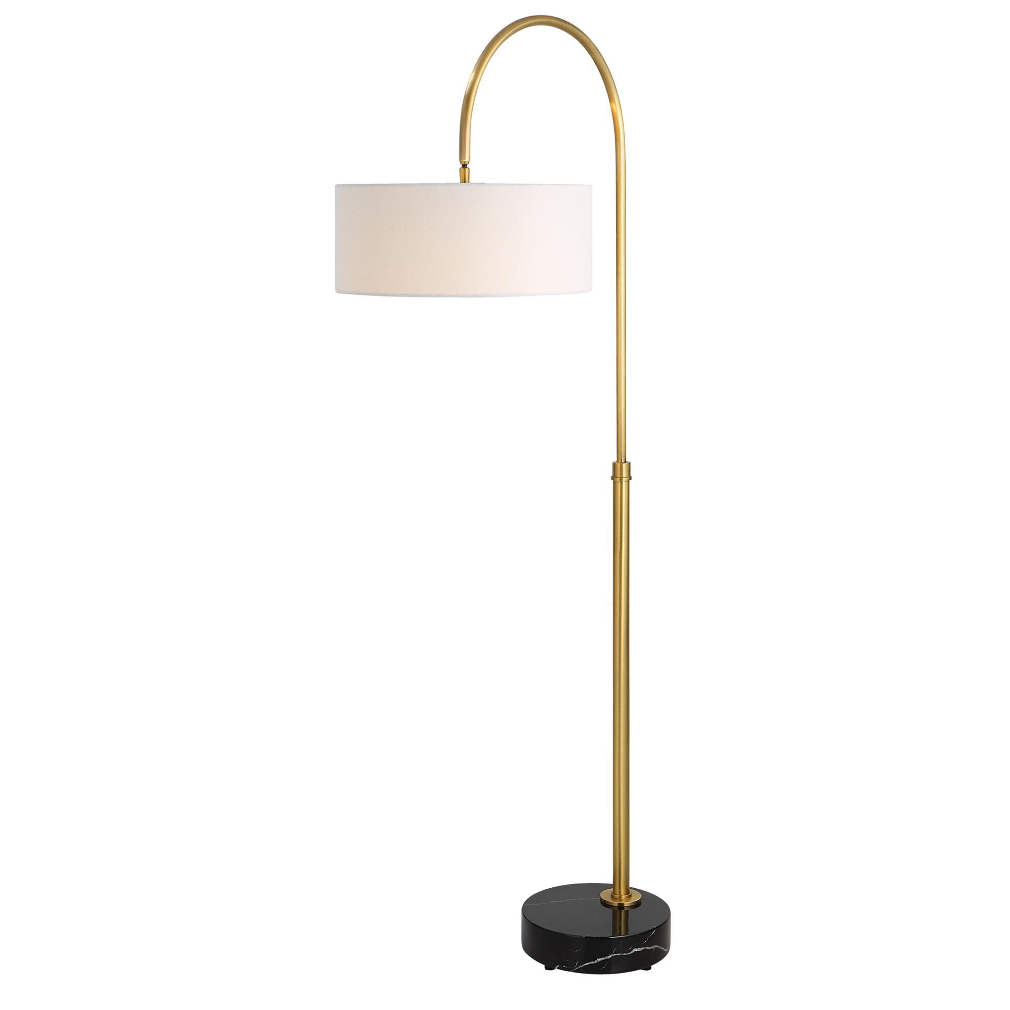 Shown in Antique Brushed Brass finish and Round Drum Hardback shade