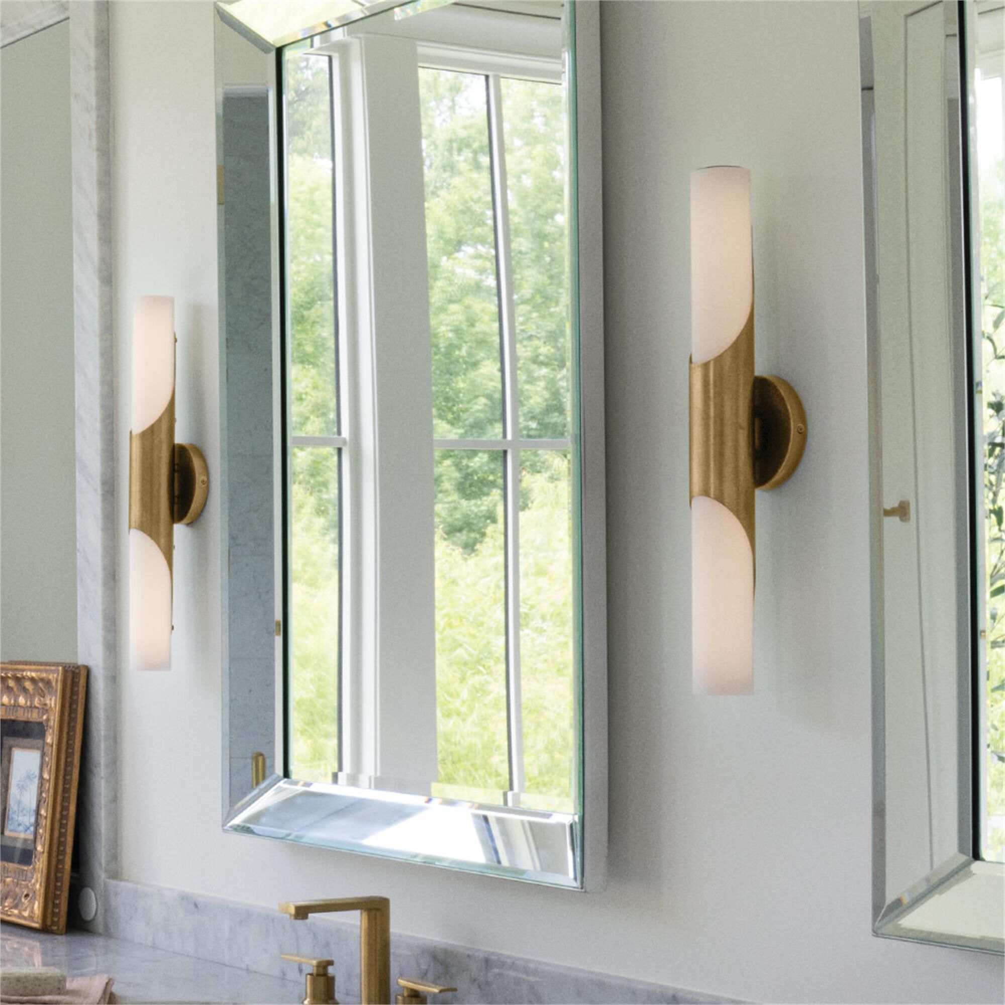Shown in Textured Heritage Brass finish and Etched Opal glass
