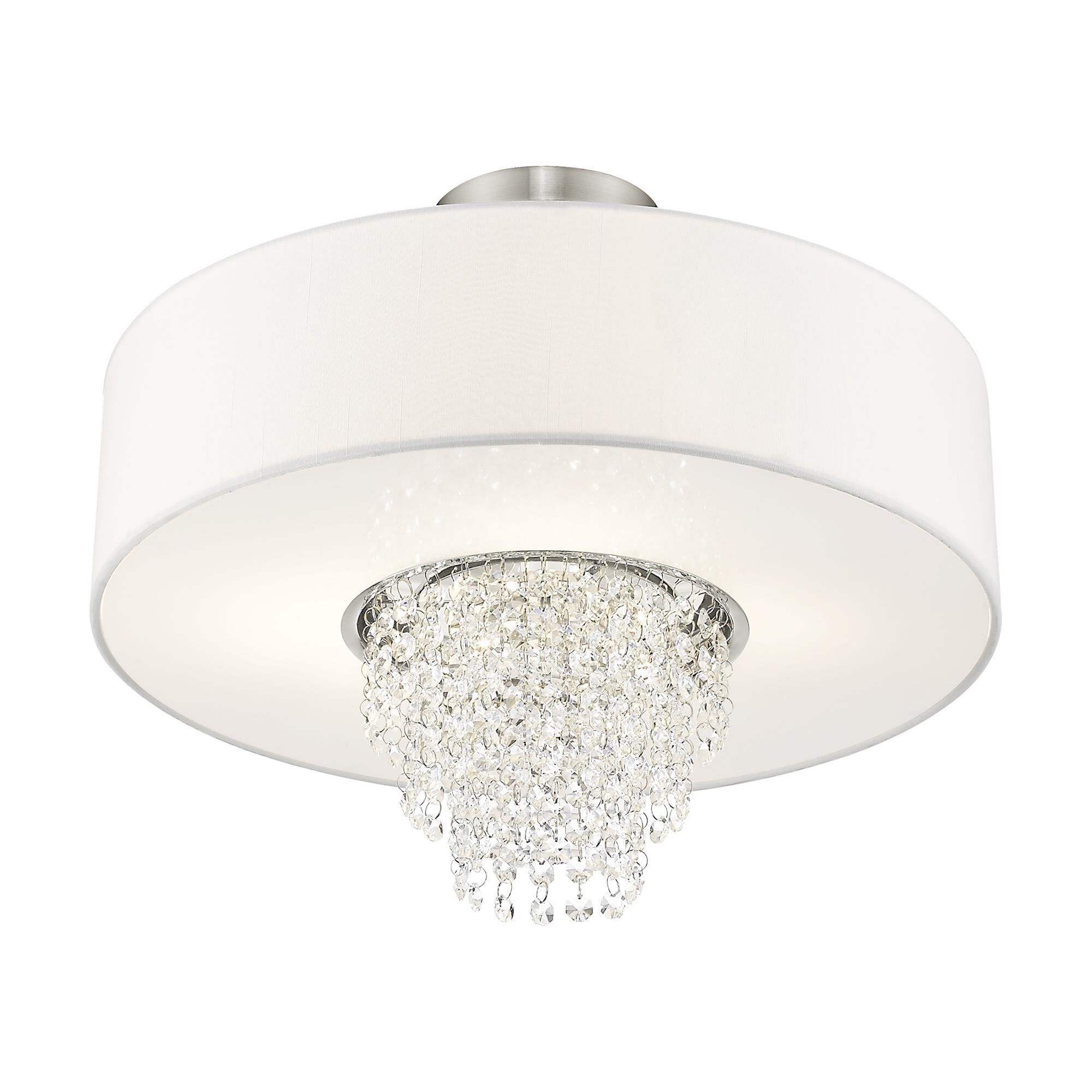 Shown in Brushed Nickel finish and Clear crystal and Off-White Sheer Organza shade
