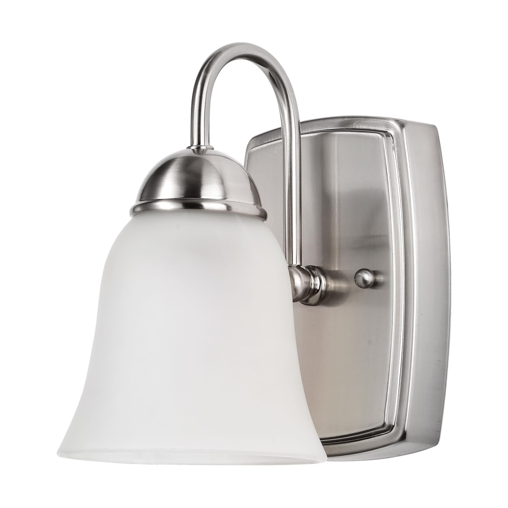 Shown in Brushed Nickel finish and Frosted Alabaster glass