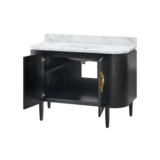 Black bathroom vanity with open shelving and doors.