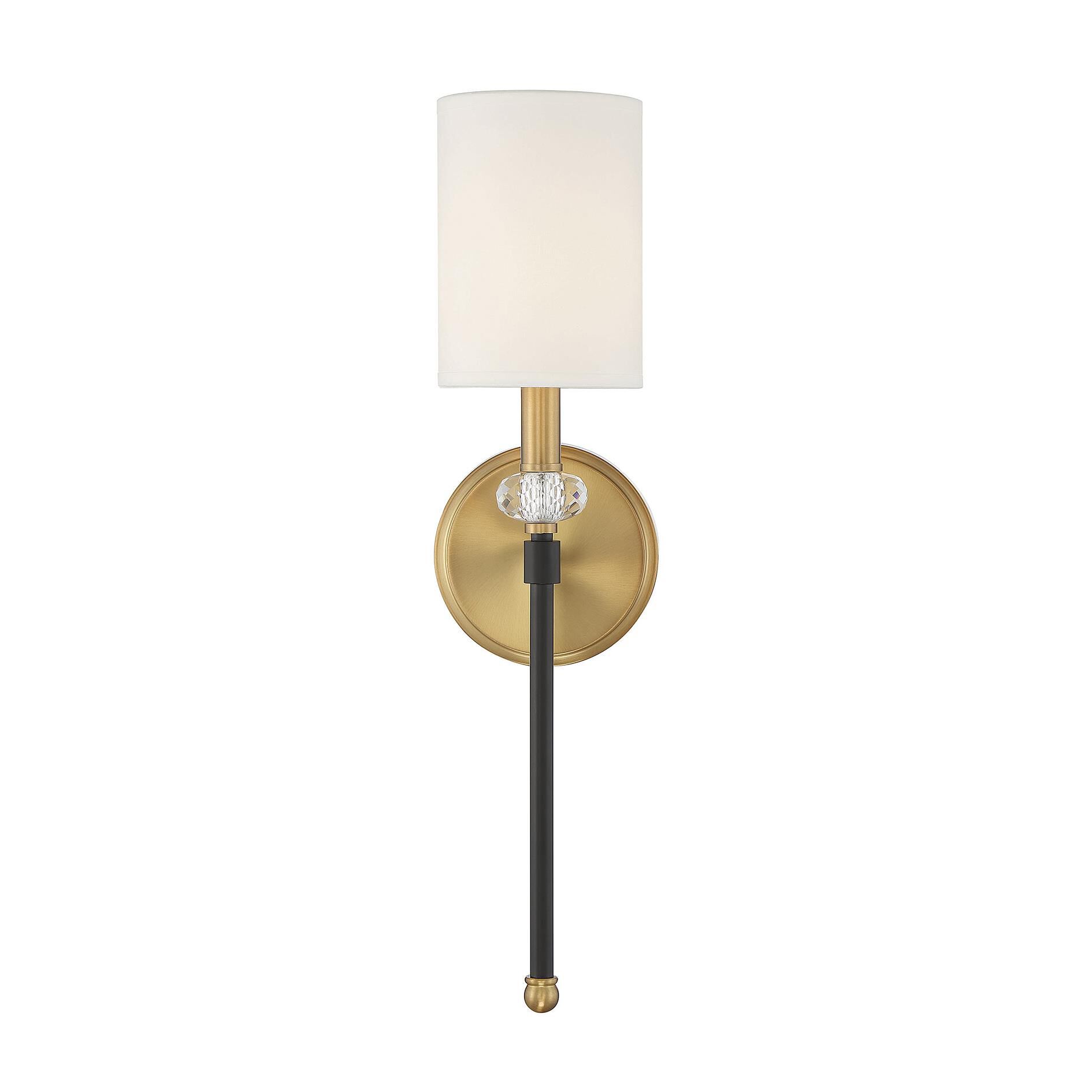 Shown in Matte Black With Warm Brass Accents finish and Clear Accents crystal and White Fabric shade