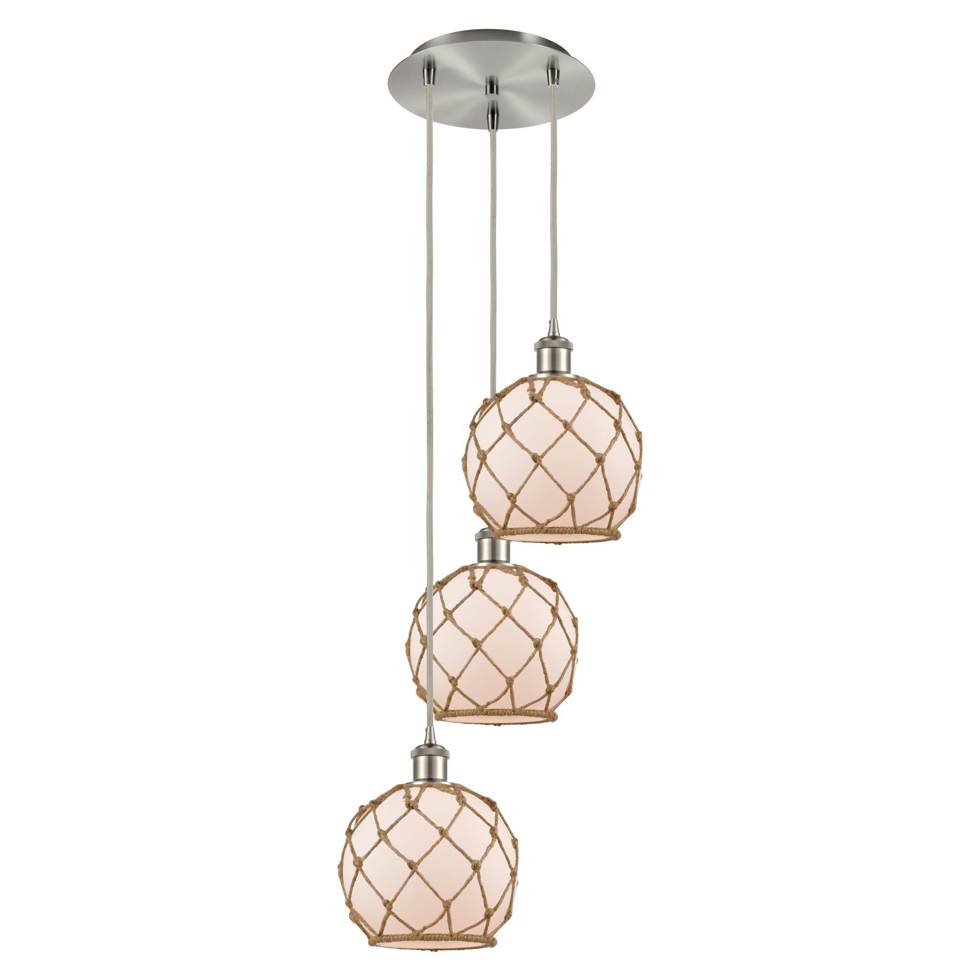 Shown in Brushed Satin Nickel finish and White with Brown Rope glass