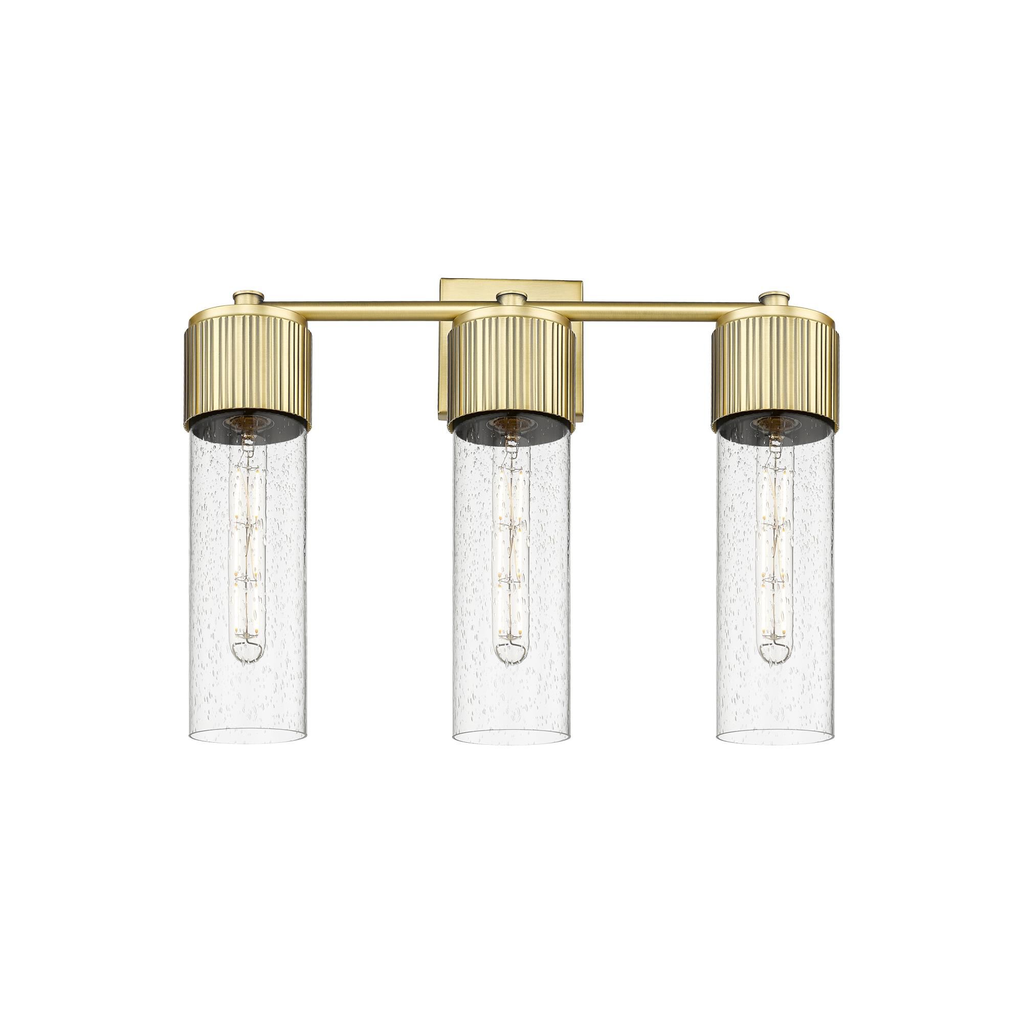 Shown in Brushed Brass finish and Seedy glass