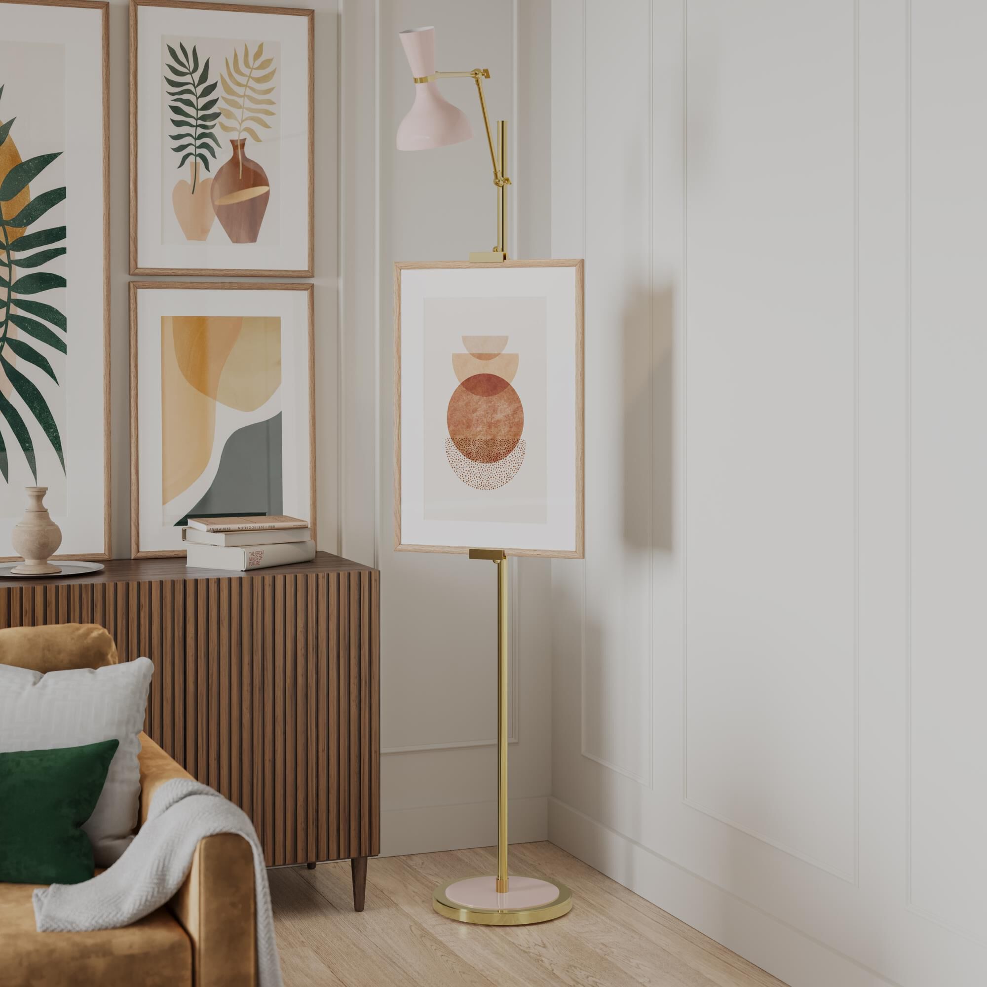 Shown in Modern Brass finish and Rose Water shade