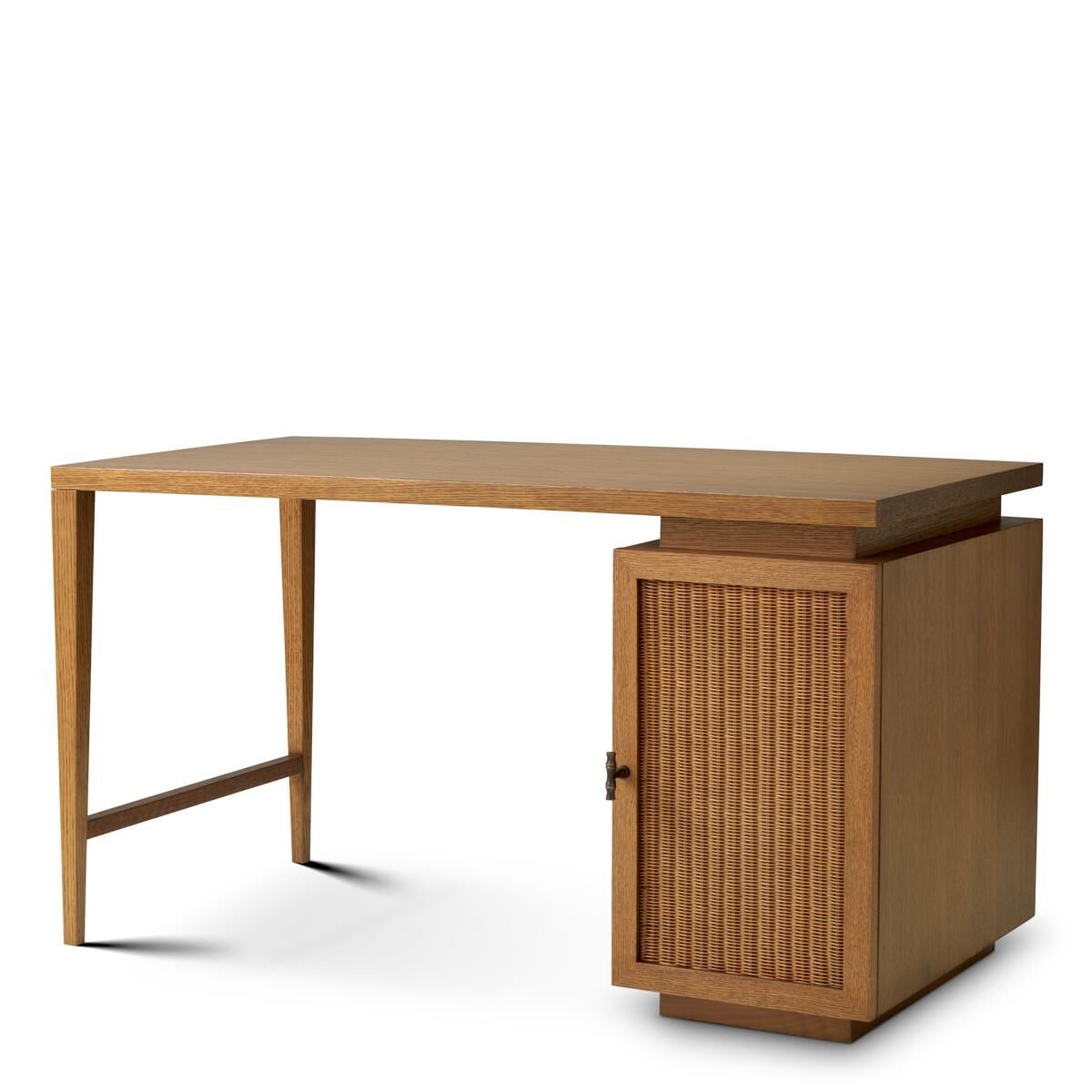 Shown in Caramel Oak Veneer, Woven Rattan, Bronze finish