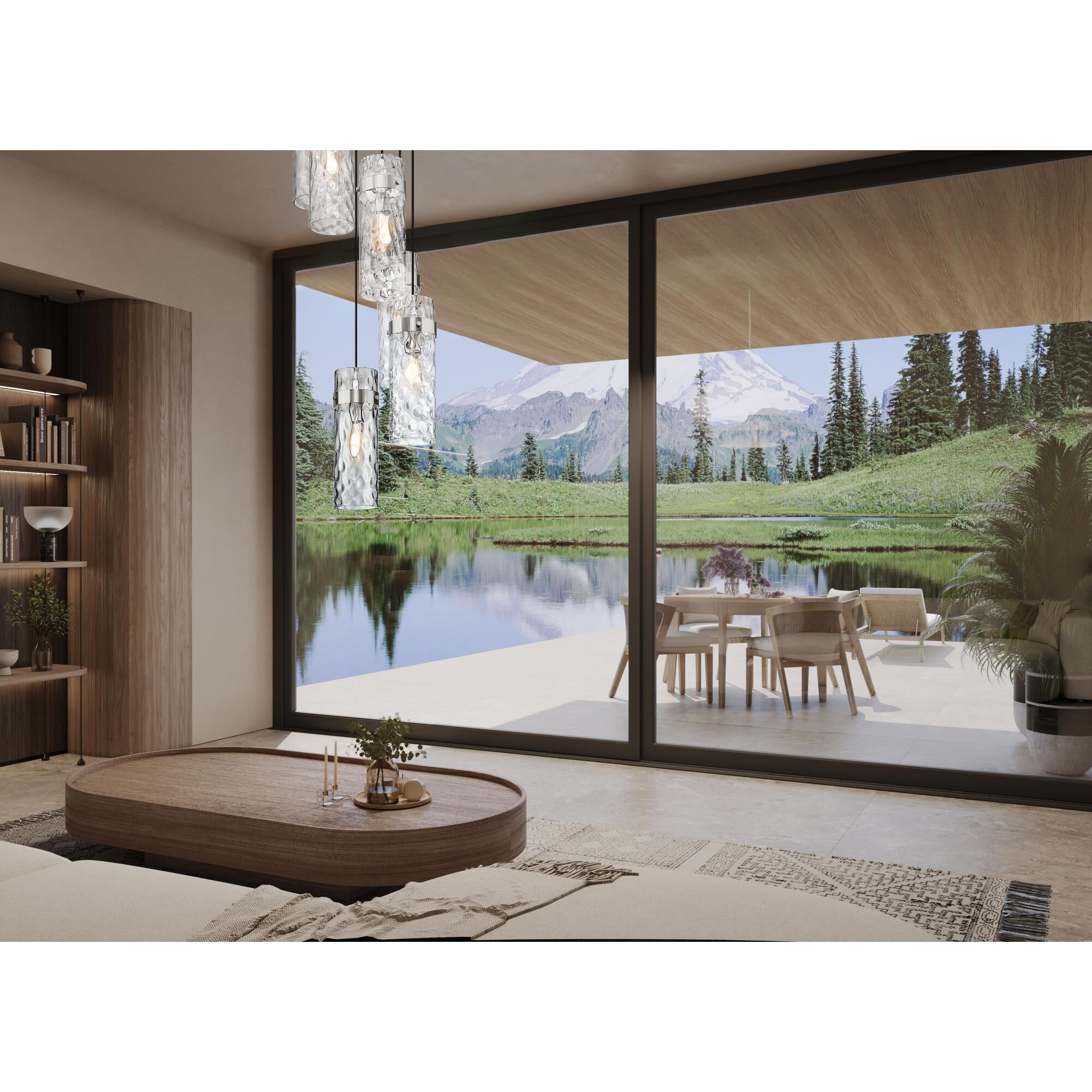 Shown in Brushed Nickel finish and Clear Water glass and Clear Water shade