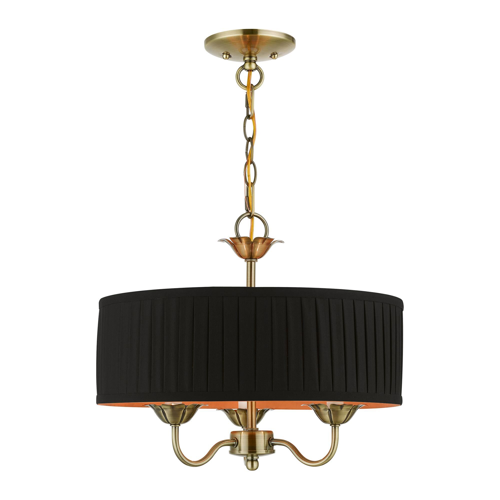 Shown in Antique Brass finish and Black Fabric Hardback with Orange Fabric Inside shade