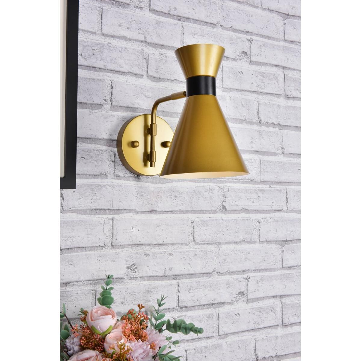 Shown in Brass and Black finish and Brass and Black Iron shade