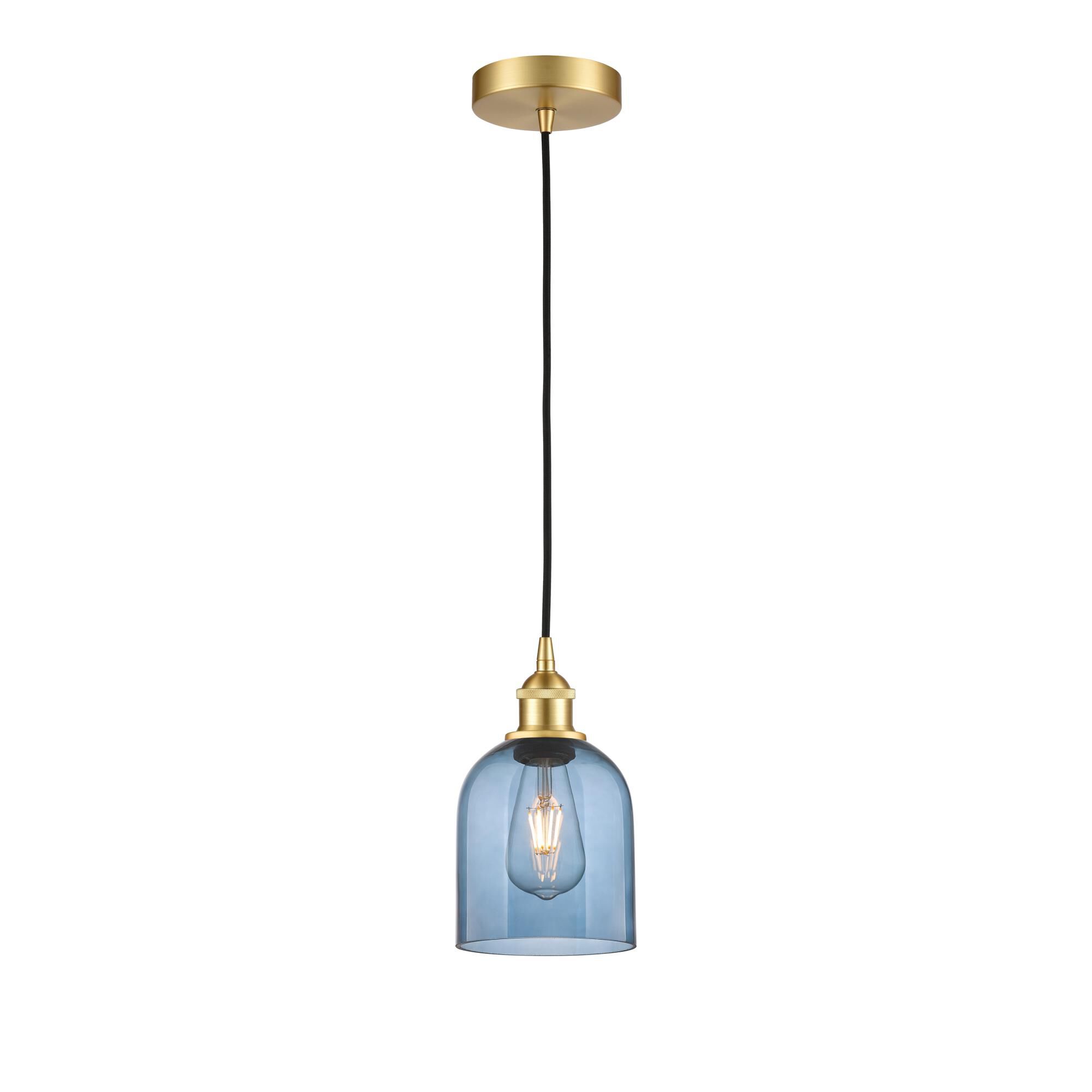 Shown in Satin Gold finish and Princess Blue glass