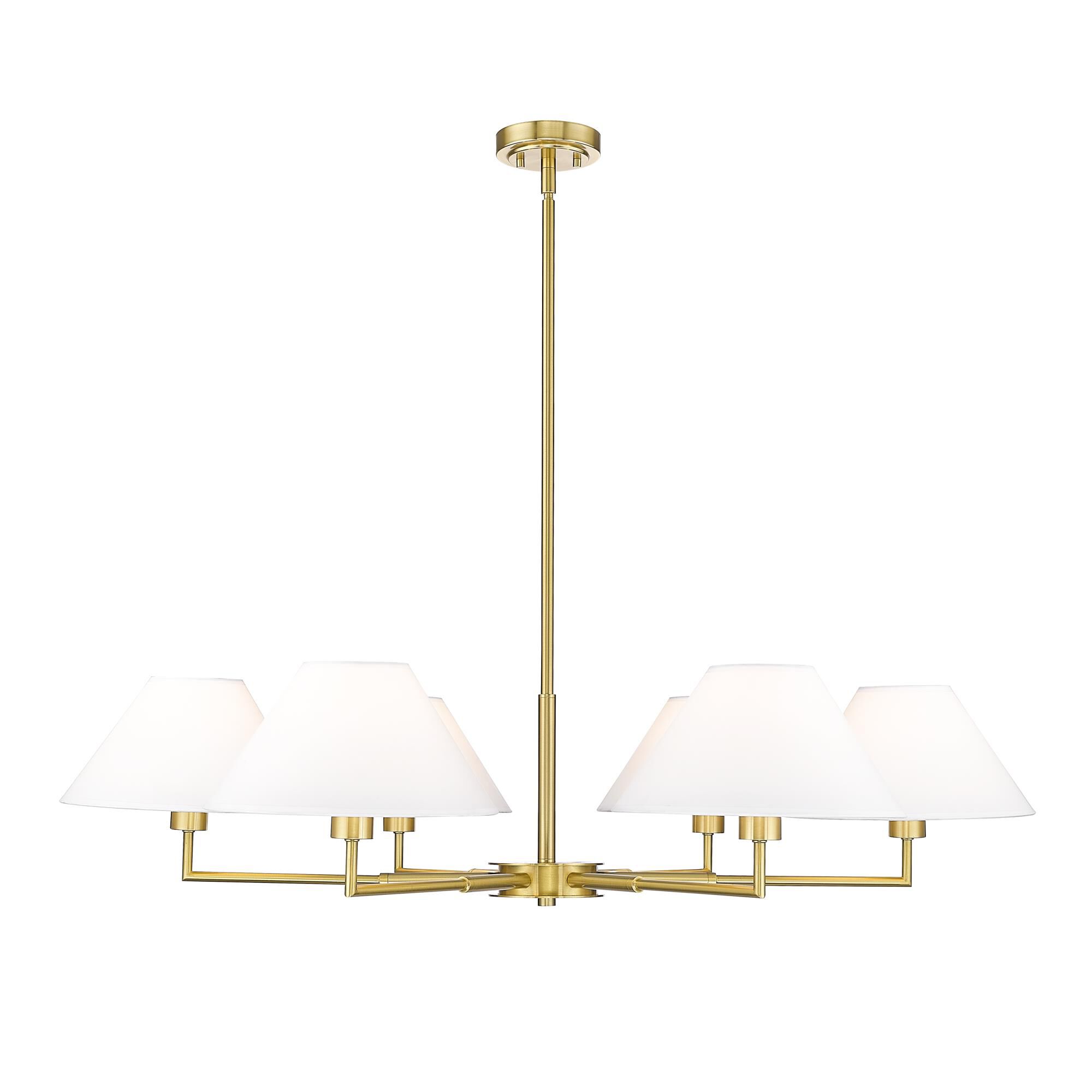 Shown in Luxe Gold finish and White Linen glass and White Linen shade