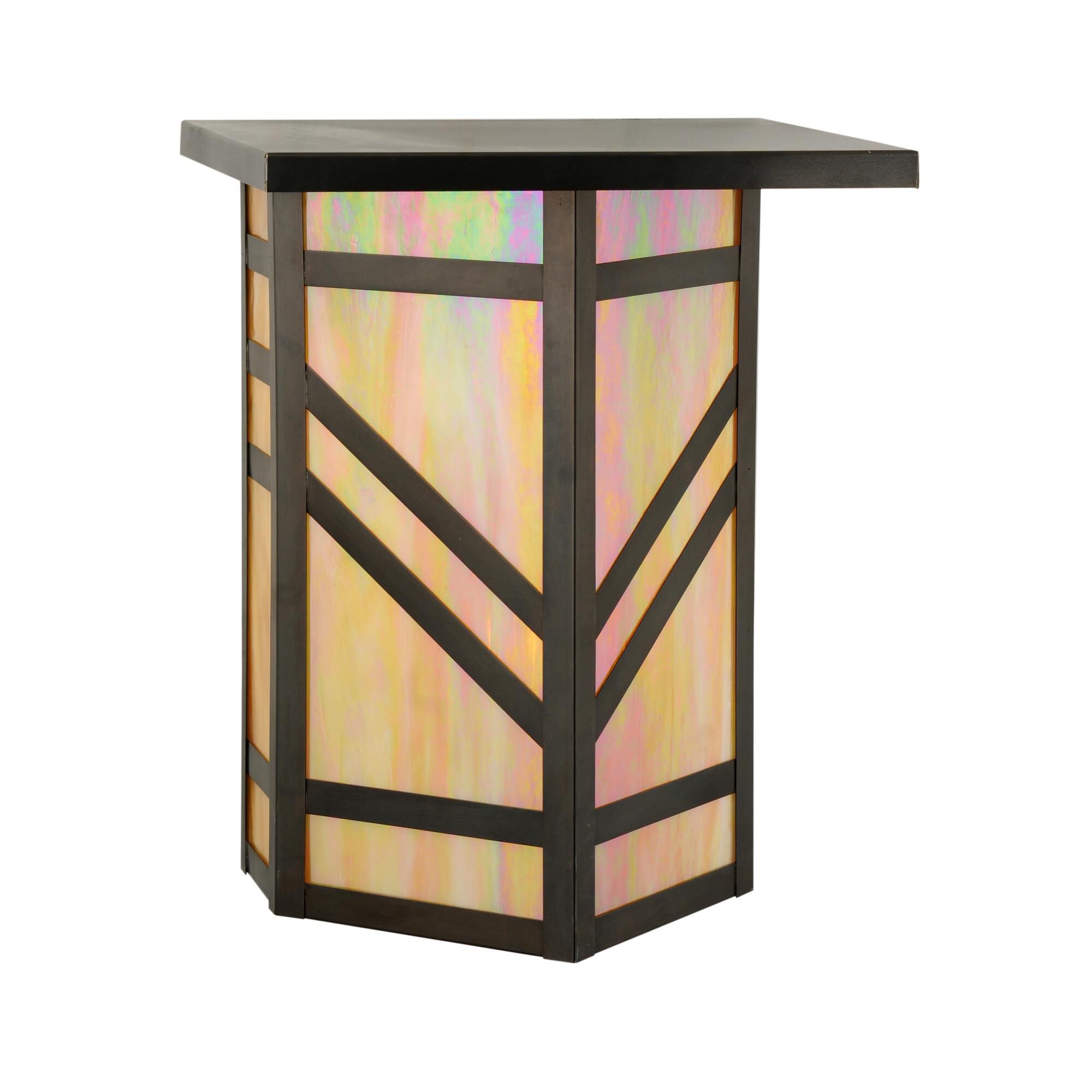 Shown in Craftsman Brown Finish finish and Beige Iridescent glass