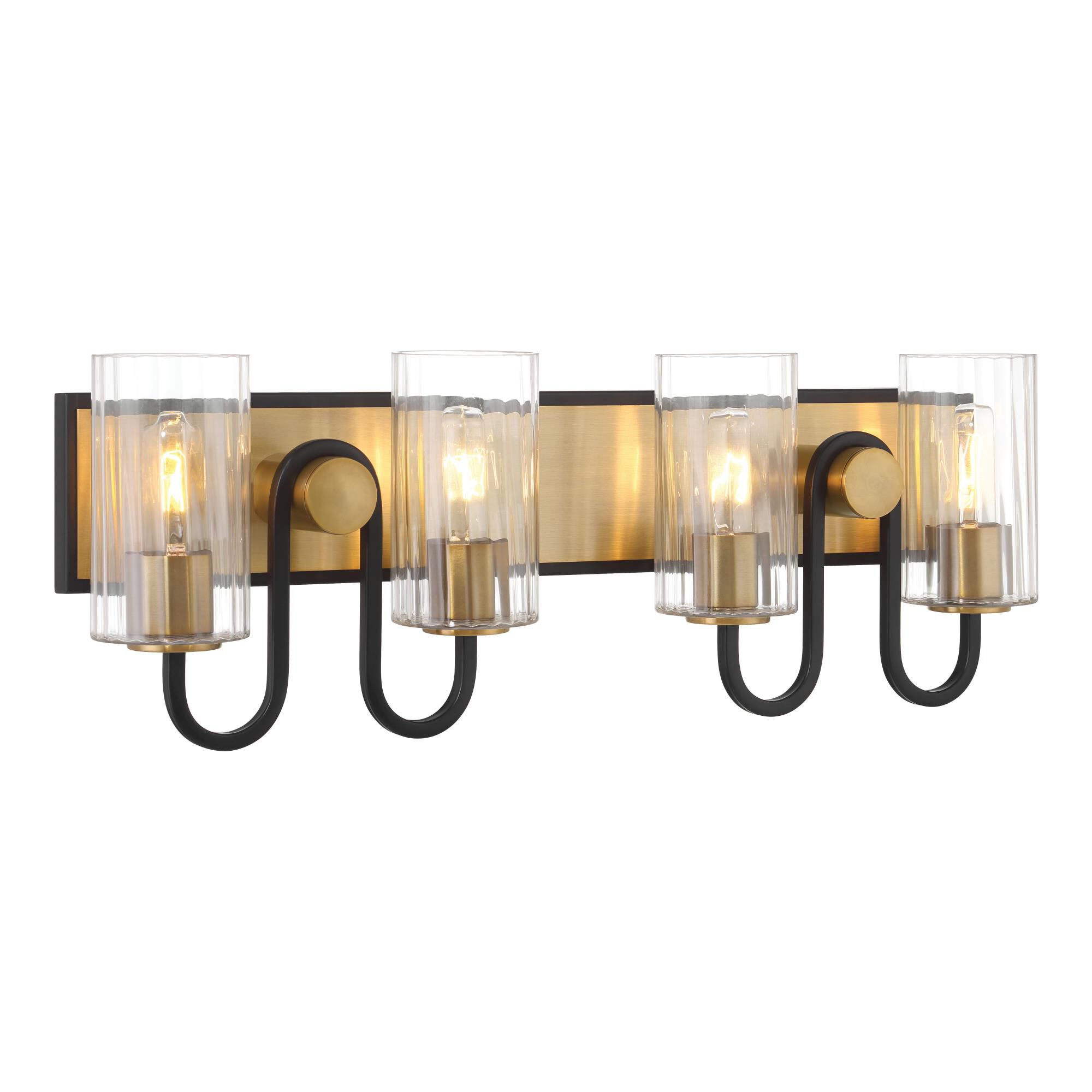 Shown in Legacy Brass & Dark Matte Blac finish and Clear glass and Ribbed Glass shade