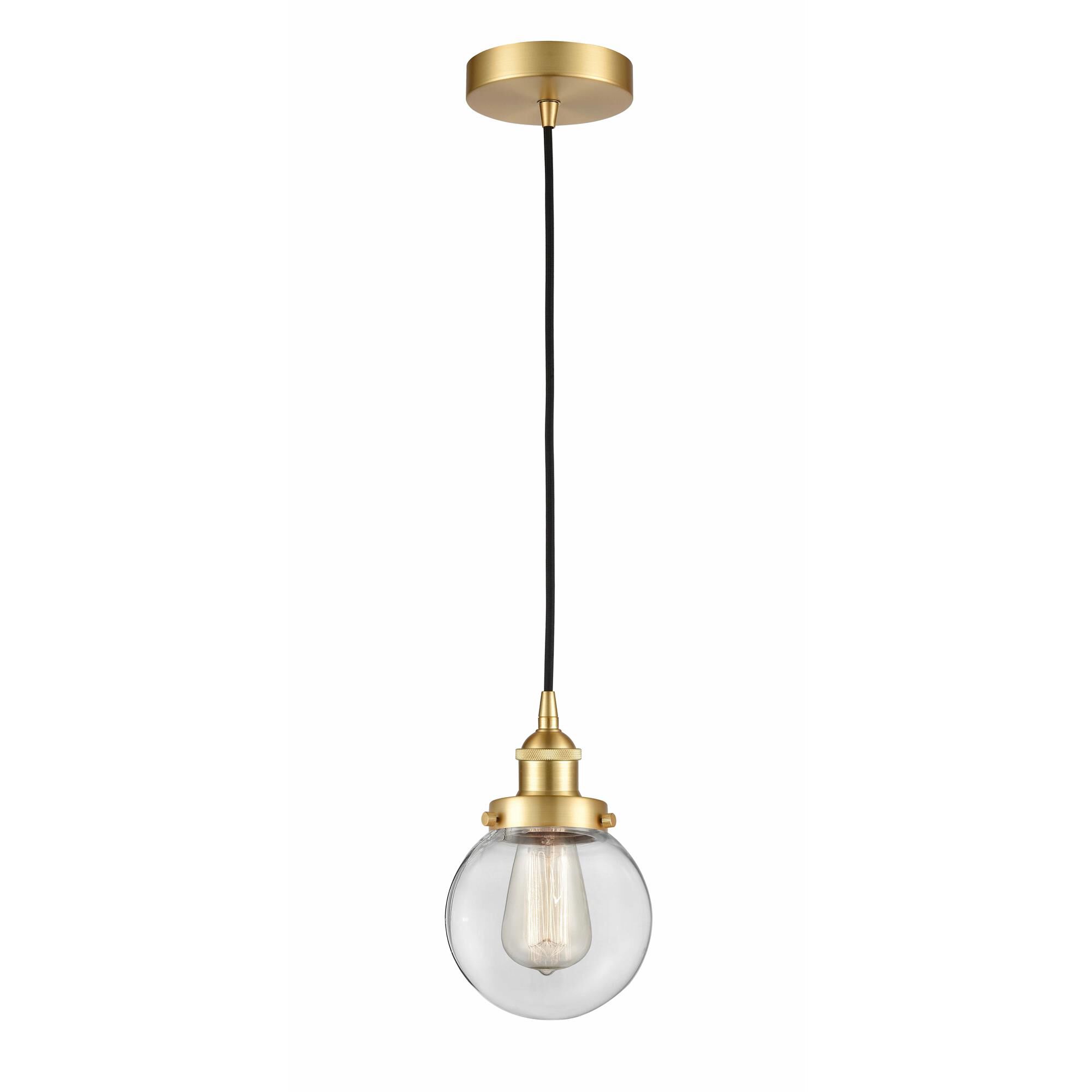 Shown in Satin Gold finish and Clear Beacon glass