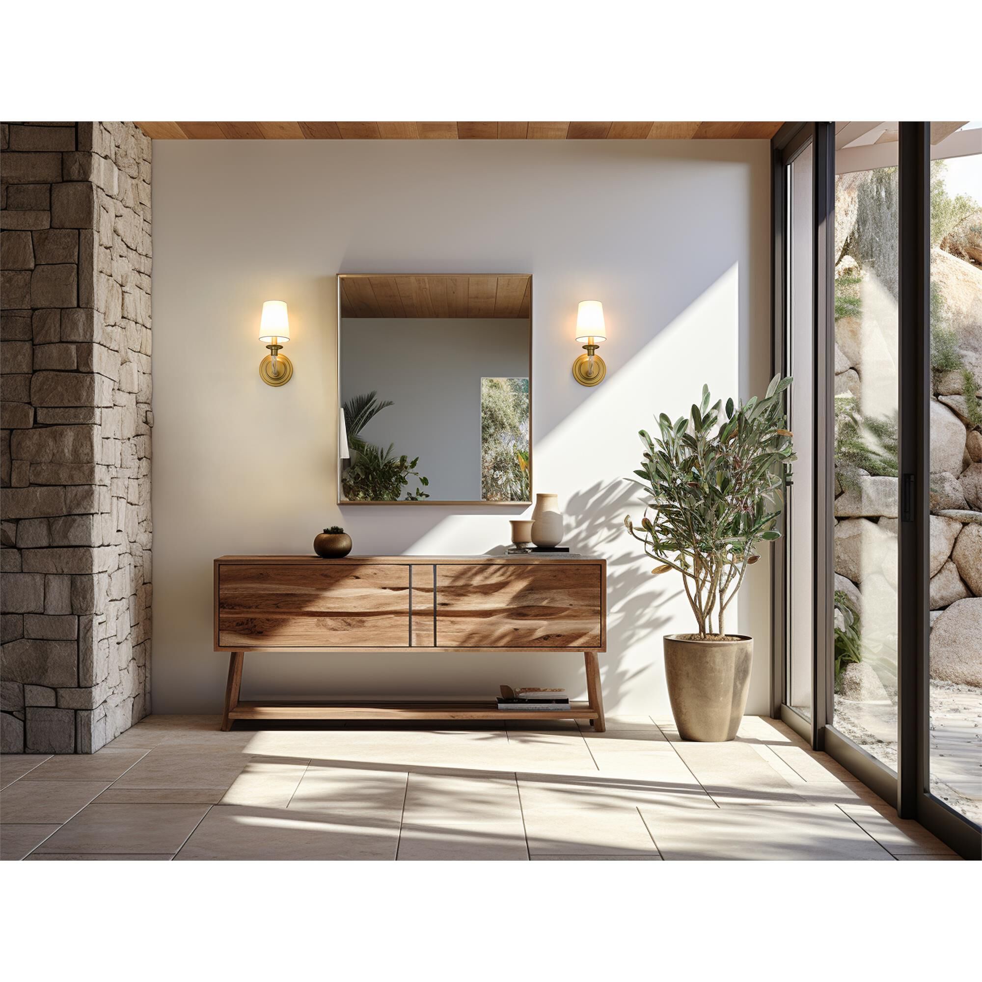 Shown in Rubbed Brass finish and White glass and White shade