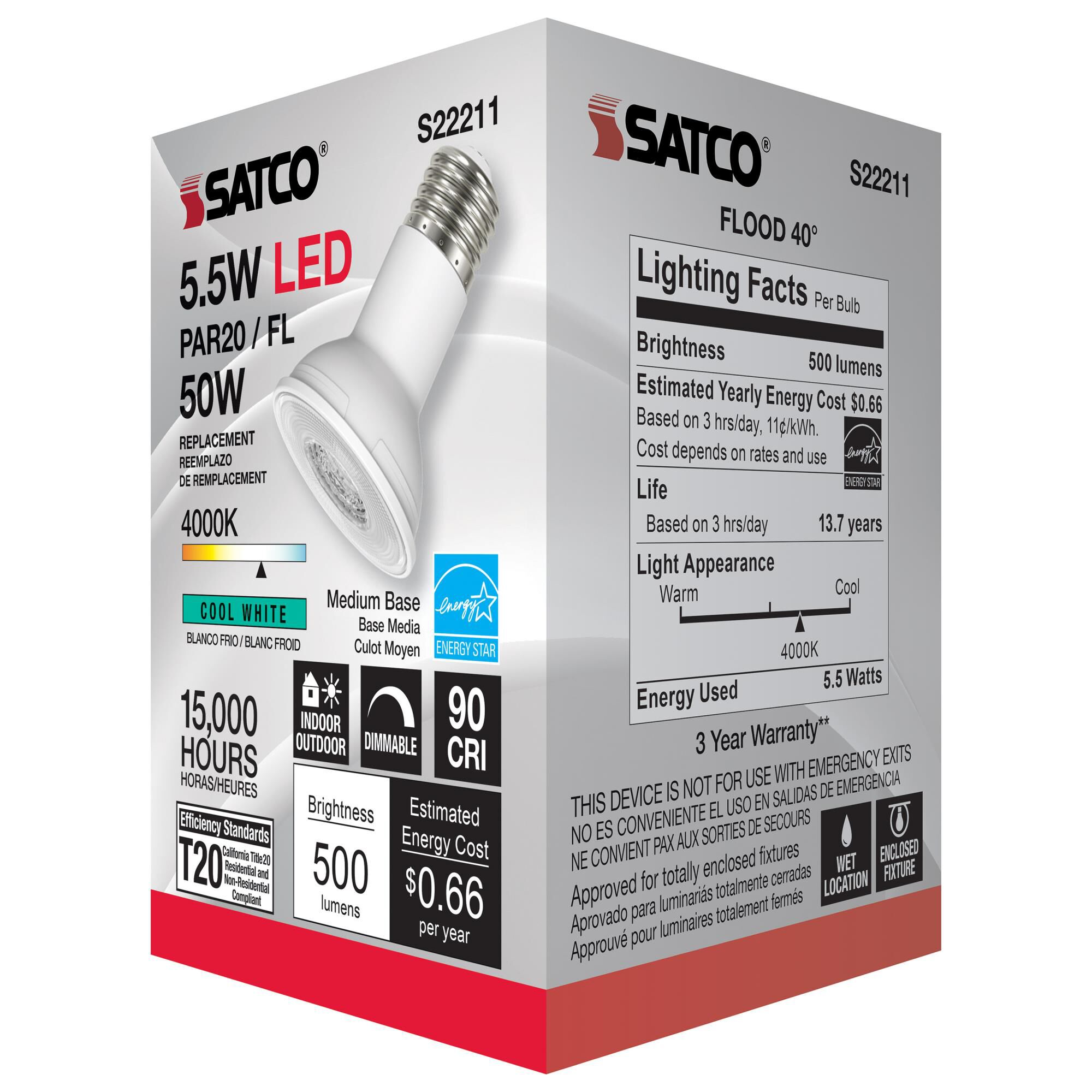 Dimmable 5.5 Watt 4000K PAR20 LED Light Bulb by Satco